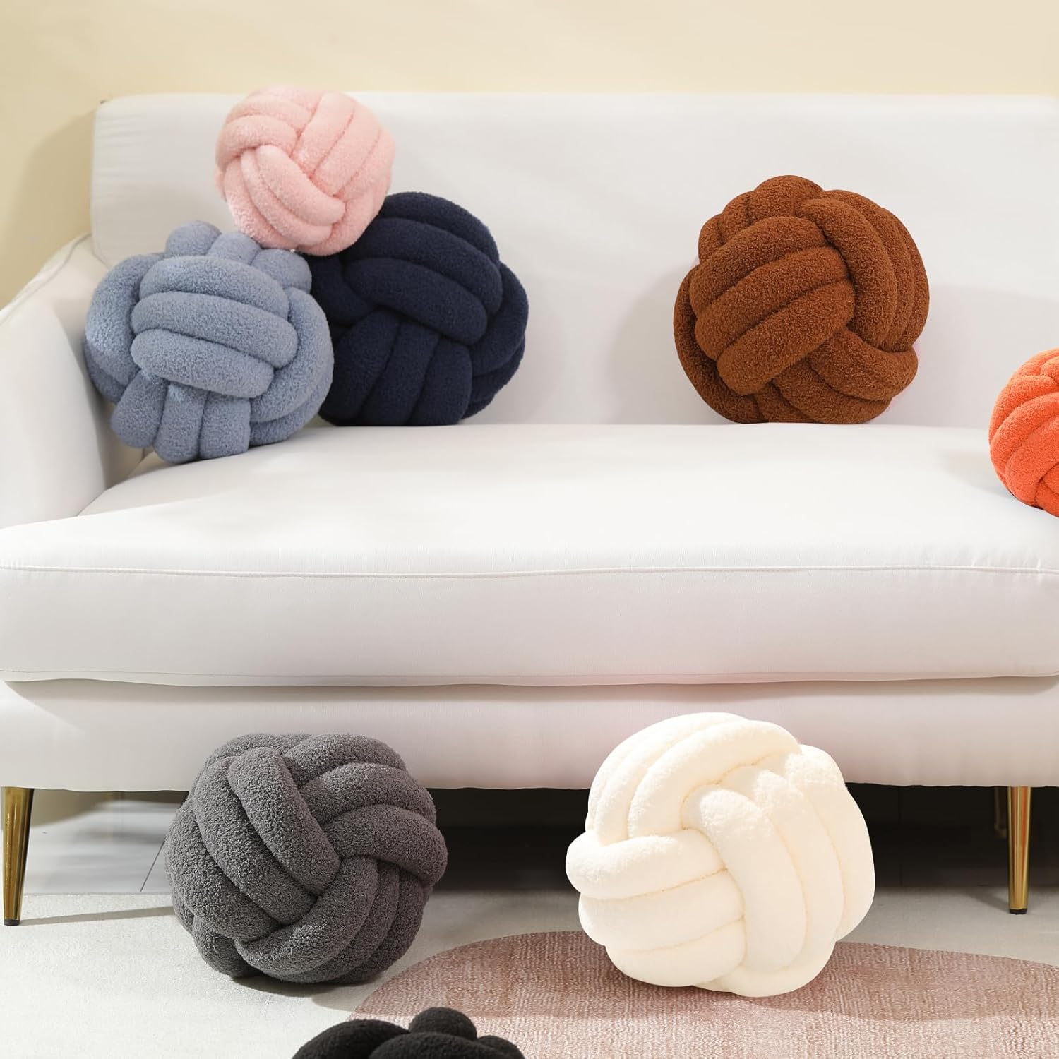 Knot Pillow Balls, Round Ball Pillows Decorative Throw Pillows, Soft Plush Knotted Pillows Home Decoration for Sofa Bed Couch Handmade Knotted Ball Throw Pillow Cushion - Ivory 7.87 inch