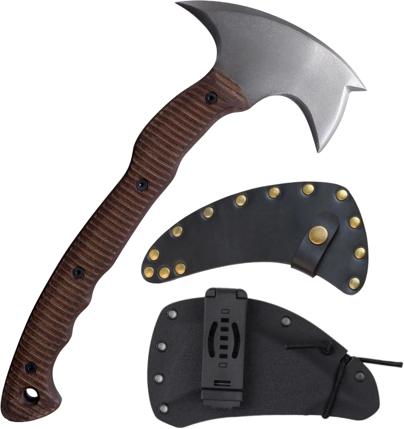 AncientSmithy Tactical Tomahawk Axe with Sheath, Handmade Camping Hatchet for Survival (14.17" Three Spikes Hawk with Composite Handle)