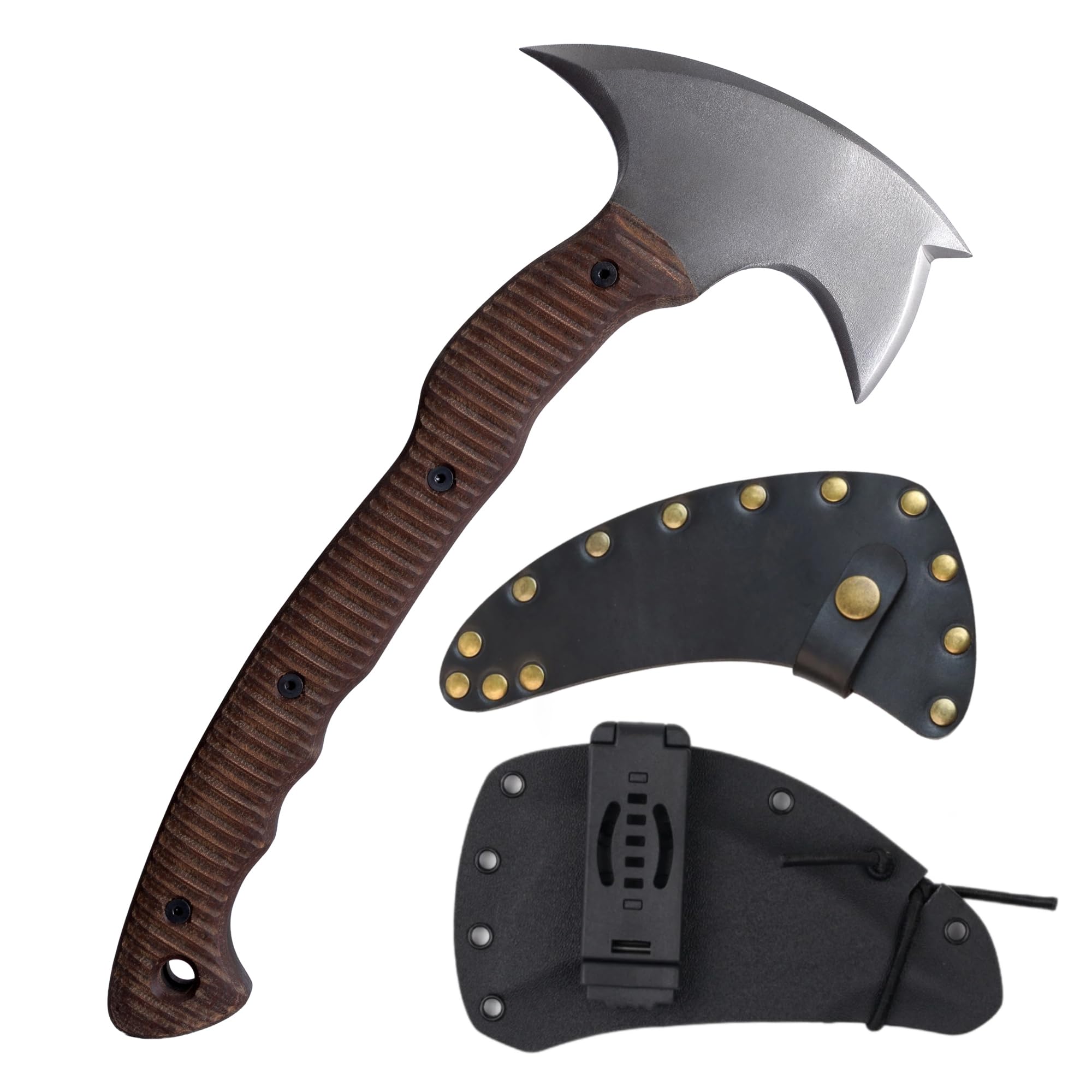 AncientSmithy Tactical Tomahawk Axe with Sheath, Handmade Camping Hatchet for Survival (14.17" Three Spikes Hawk with Composite Handle)