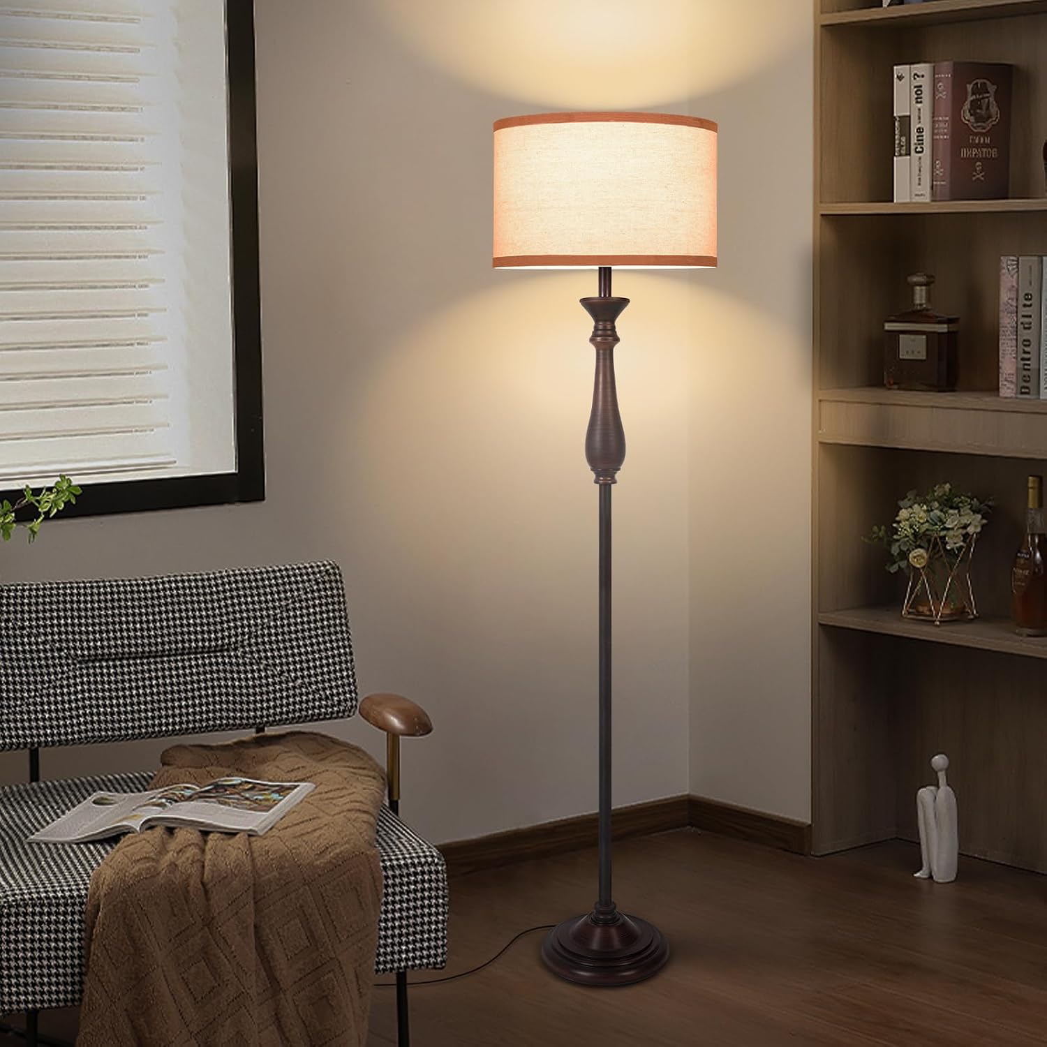 HonoDing 66.2'' Vintage Floor Lamp for Living Room, Mid Century Height Standing Lamp, Tall Pole Light with Linen Shade,Floor Lamps for Reading, Bedroom (Dark Brown)