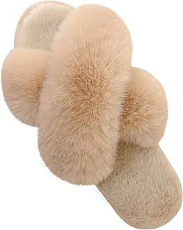 Parlovable Women's Fuzzy Slippers Comfy Cross Band House Shoes Memory Foam Open Toe Indoor Gifts for Ladies