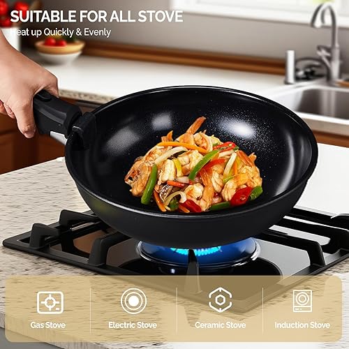 Miniatura 4 de Bonnlo Juego de 23 utensilios de cocina antiadherentes, juego de ollas y sartenes de aluminio con asas extraíbles y desmontables, juego de cocina de