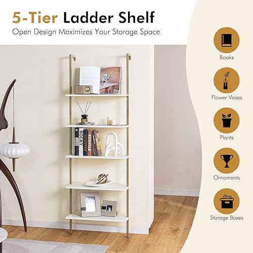 Miniatura 6 de Giantex Estantería moderna de 5 niveles para montar en la pared, estantería de madera blanca y dorada de 71 pulgadas con marco de acero, estante