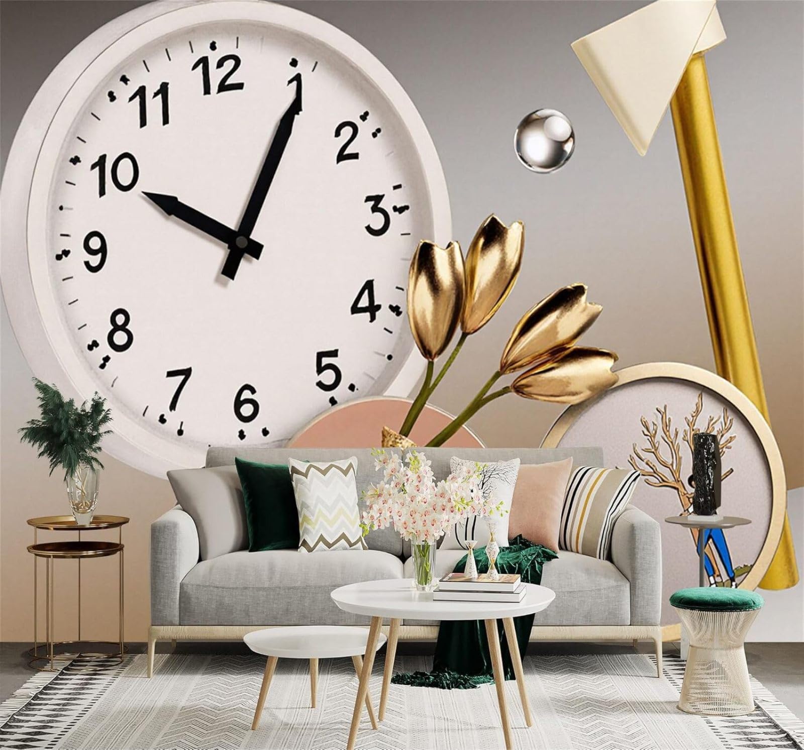 Xlming 400Cm×280Cm(B×H) Clock Golden Flowers Minimalist Abstract Art 3D Wallpaper Silky Texture Home Study Office Grey Dining Room Sofa Bedroom Living Room Tv Backdrop-400Cm×280Cm