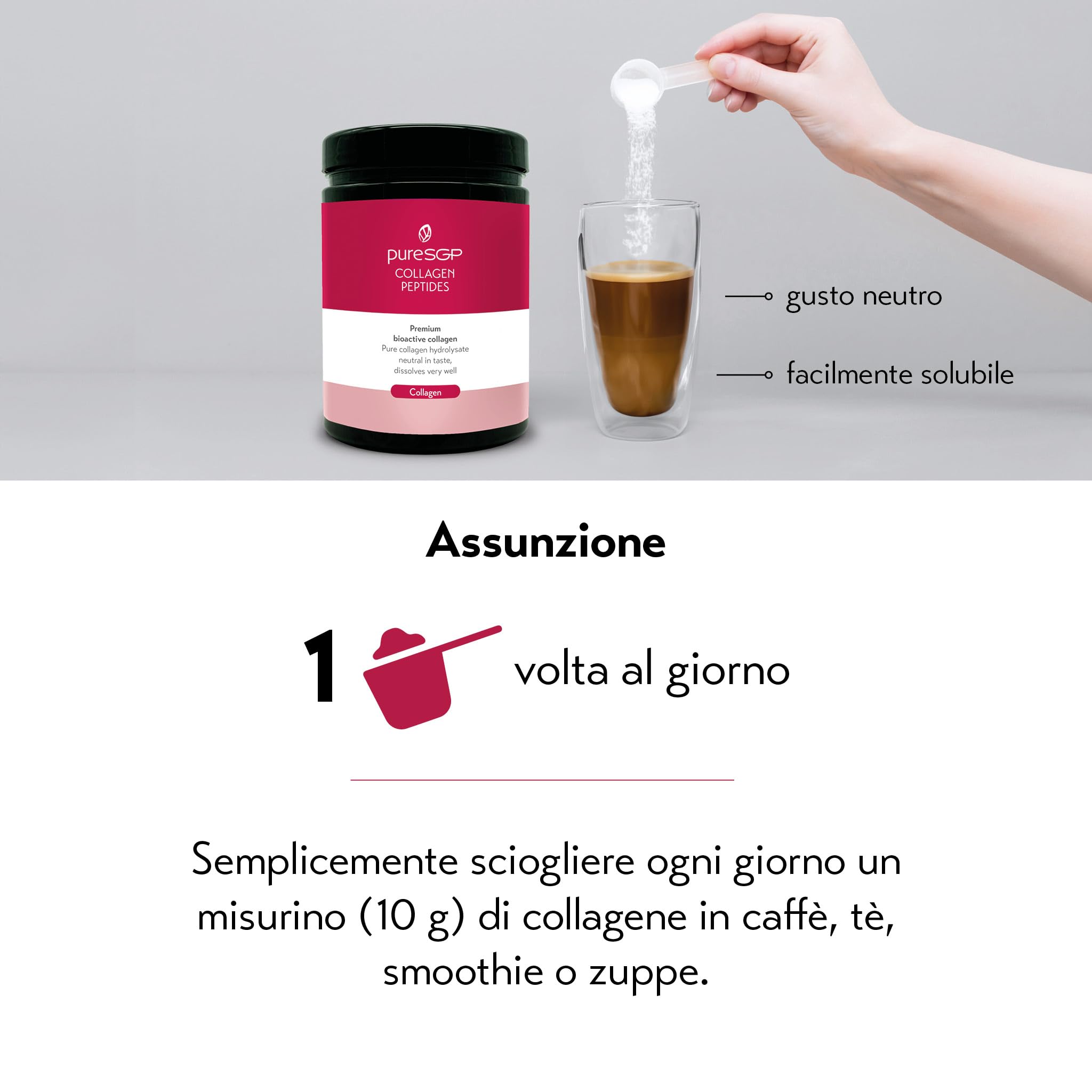 pureSGP® Collagen [300g]: Collagene puro di qualità farmaceutica – Peptidi bioattivi premium da collagene idrolizzato di alta qualità. Con vitamina C e biotina – Gusto neutro – Ottima solubilità