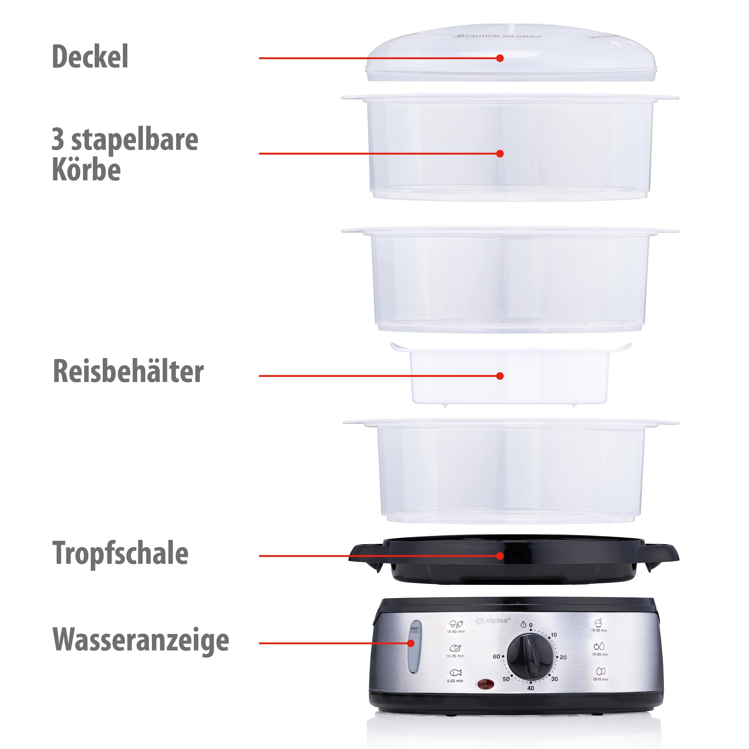 Alpina Dampfgarer Elektrisch 800W 9 Liter BPA Frei Reiskocher Spülmaschinenfest Grau