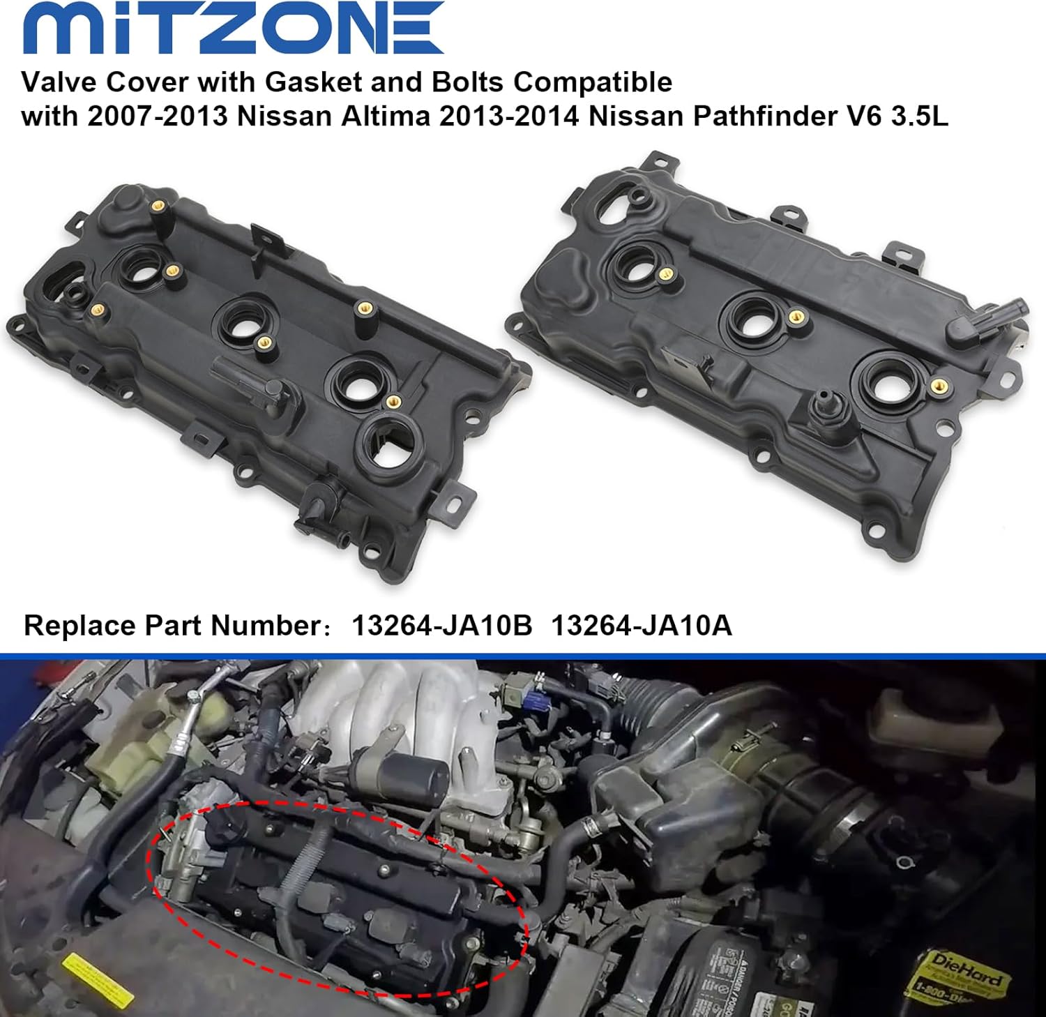 MITZONE Valve Cover Kit with Gasket and Bolts Compatible with 2007-2013 Nissan Altima 2011-2014 Nissan Pathfinder Quest 2011-2014 Infiniti QX60 JX35 V6 3.5L