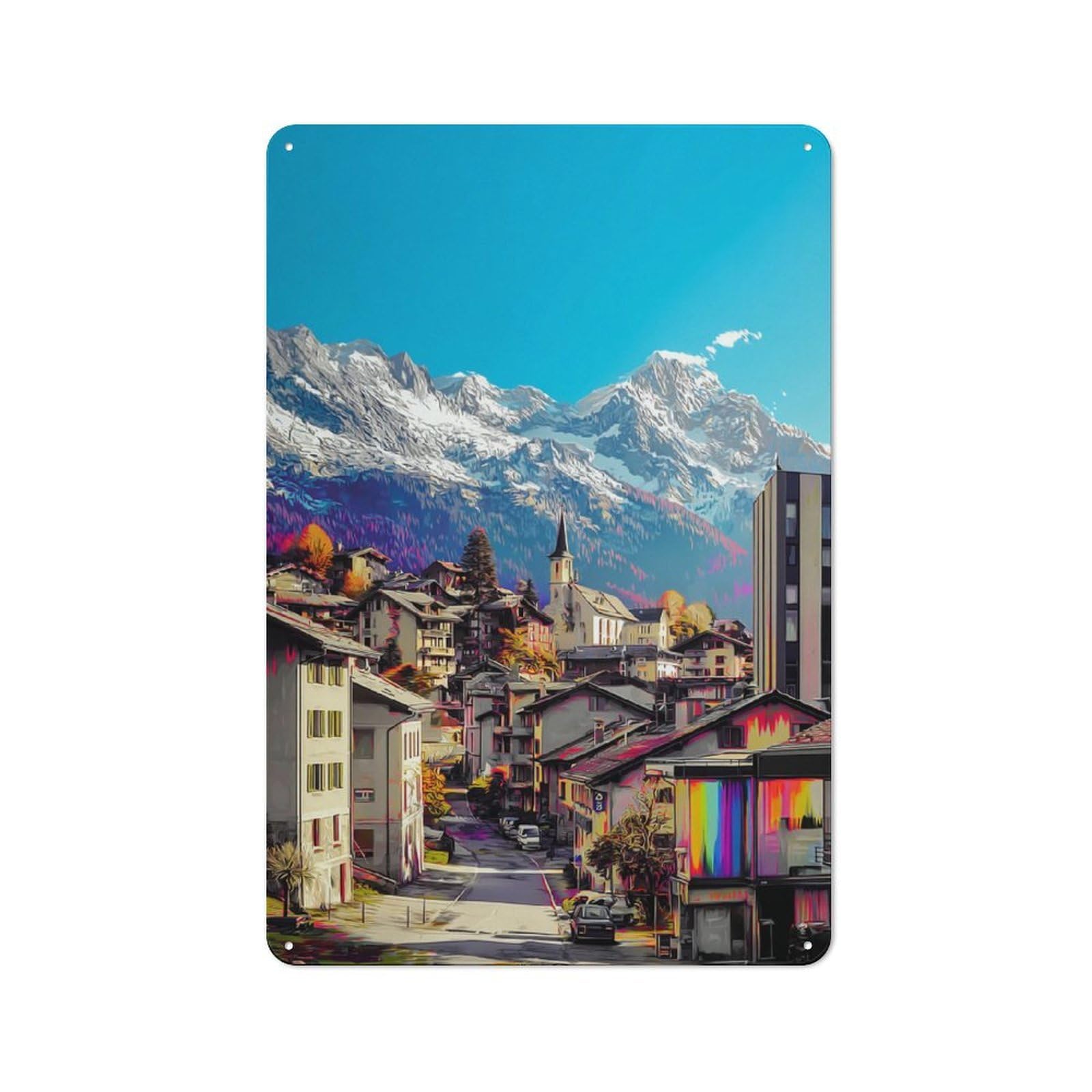Retro Metal Sign with Mountain Village with Rainbow Reflections Design 30x20cm, Distressed Look Retro Room Decor for Living Room, Hallway, Kitchen Or Cafe