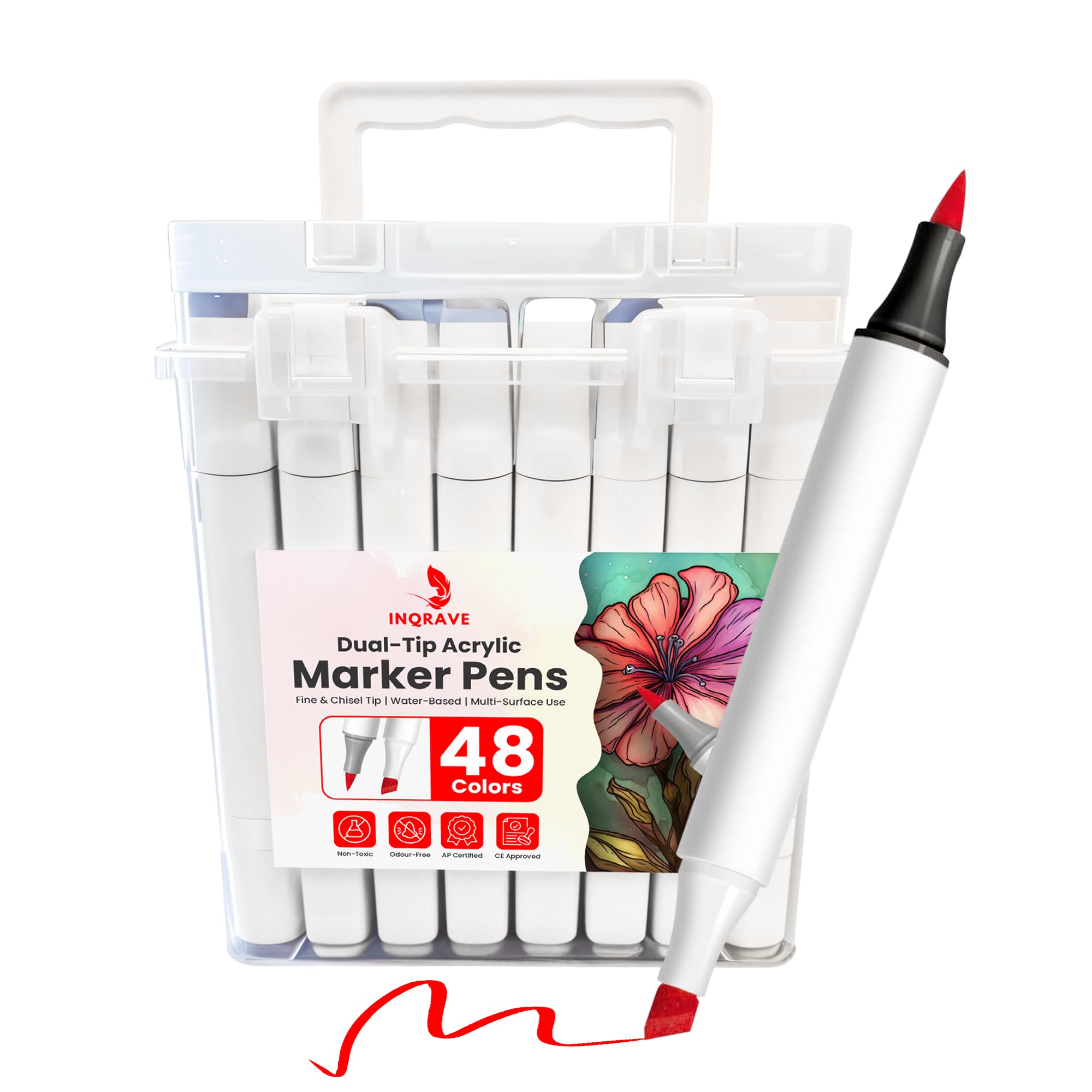 INQRAVE Acrylic Markers - Set of 48 Permanent Markers Fine and Medium Tip - Acrylic Paint Markers for Stone, Wood, Fabric, Ceramics, Glass and More - Intense Colours, Non-Toxic
