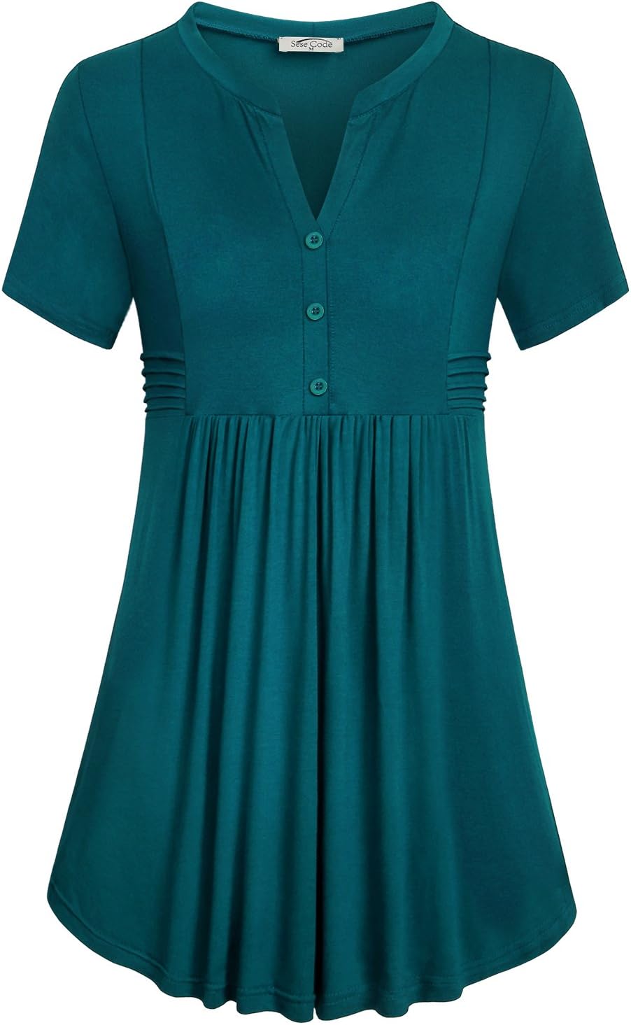 SeSe CodeWomen's Short Sleeve Notch V Neck Empire Waist Tunic Peplum Shirt Babydoll Top