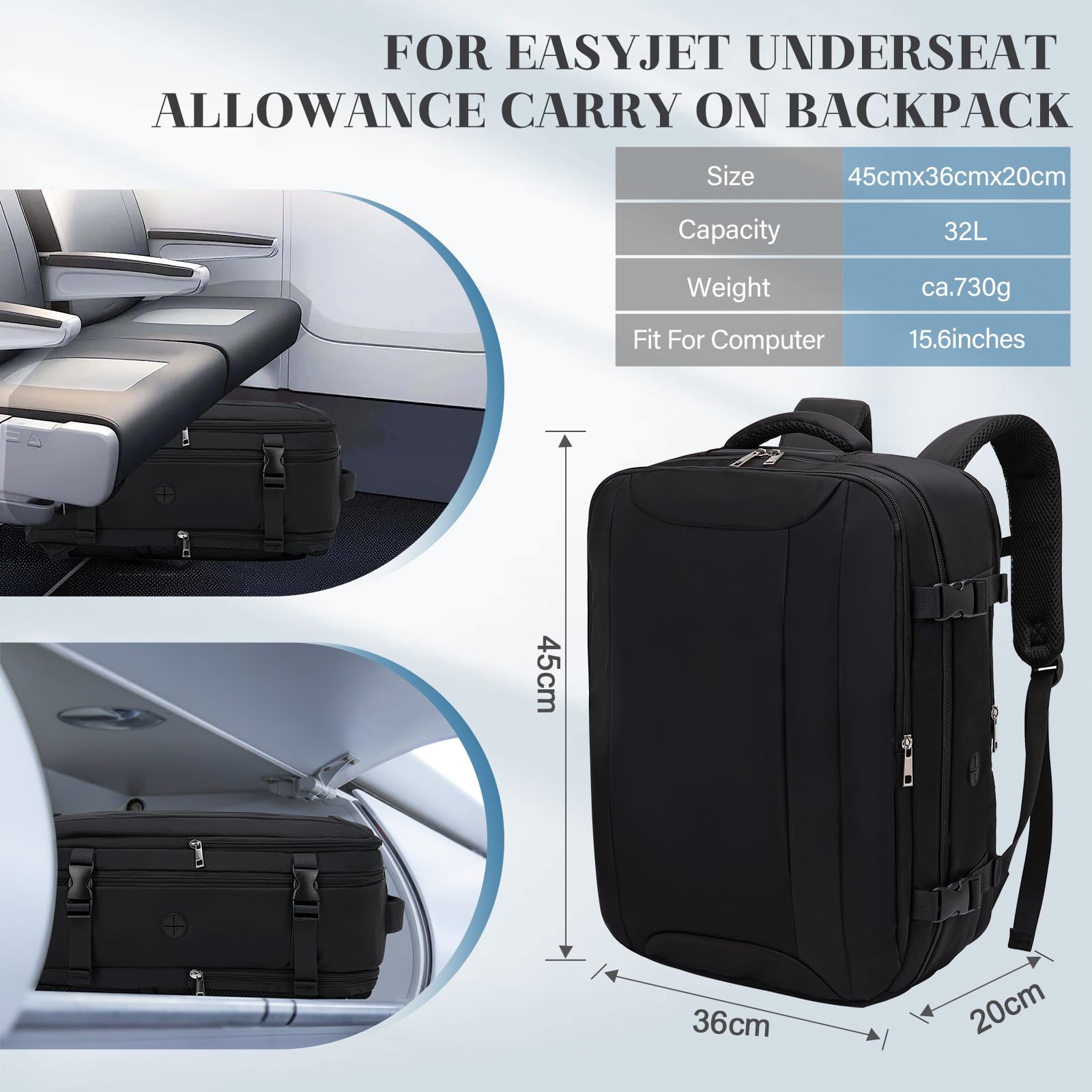 Hayayu Mochila Viaje Cabina Avion 45x36x20 para Easyjet Maletas de Viaje Cabina 45x36x20 Mochila Ordenador 15.6 Pulgadas Equipaje de Mano 30L Mochilas Tipo Casual con Bolsillo Antirrobo