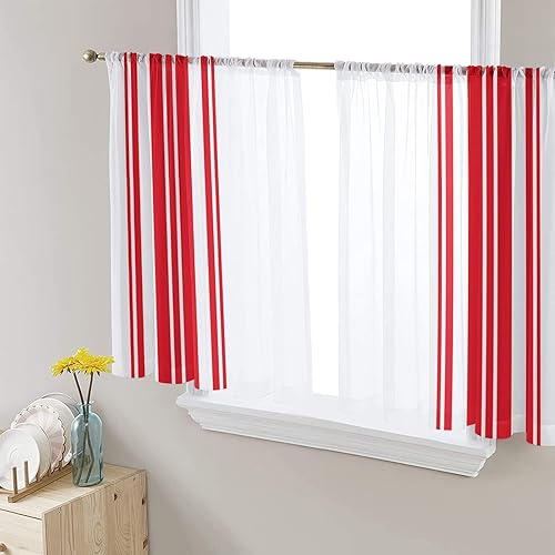 Cortinas traslúcidas a rayas rojas de 45 pulgadas de largo, juego de 2 paneles de arte abstracto a rayas blancas modernas, cortinas