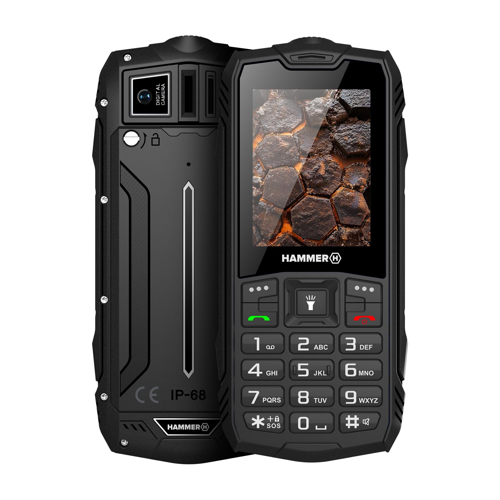 Hammer H Rock LTE Telefono Rugged senza Contratto, 3000mAh, 64 GB, Display IPS 2,4", Tasti Grandi, Tasto SOS, Torcia, Radio FM, Bluetooth, USB-C, Dual SIM, IP68/MIL-STD-810H, Nero