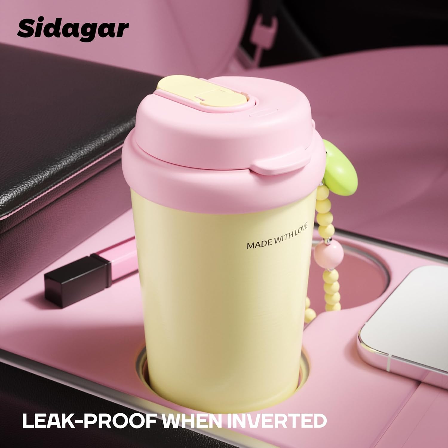 16oz Ceramic Lined Coffee Mug with Heart Charm, Leak-Proof Vacuum Insulated Travel Tumbler, Reusable Stainless Steel Cup for Women, Yoga & Commute - Creamy pale yellow - Image 8