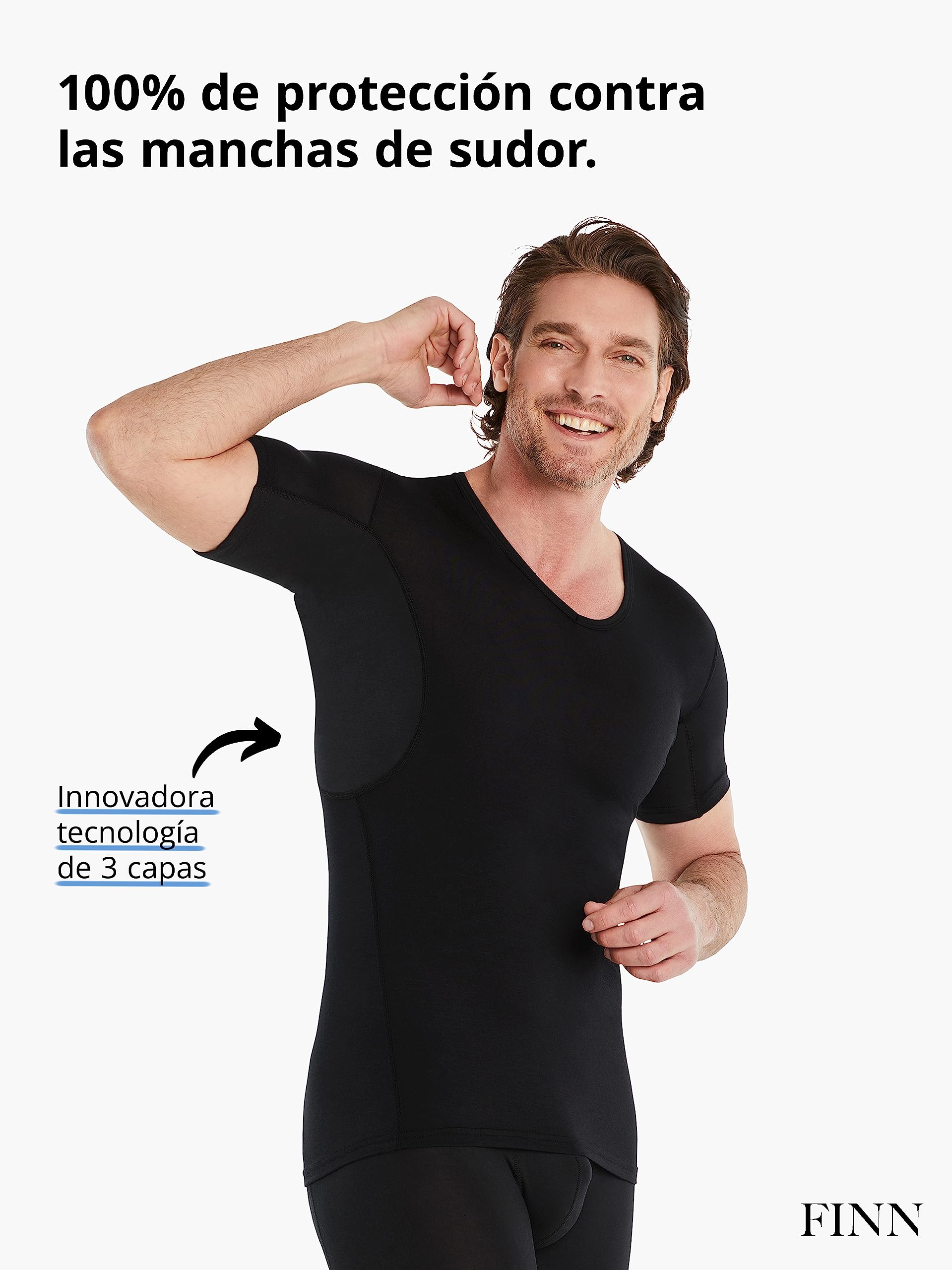 FINN Camiseta Anti-Sudor Hombre con inserción en la Espalda y Parches antisudor contra la Sudoración Intensa - Camiseta Interior con Protección Garantizada contra Manchas de Sudor y Mal Olor