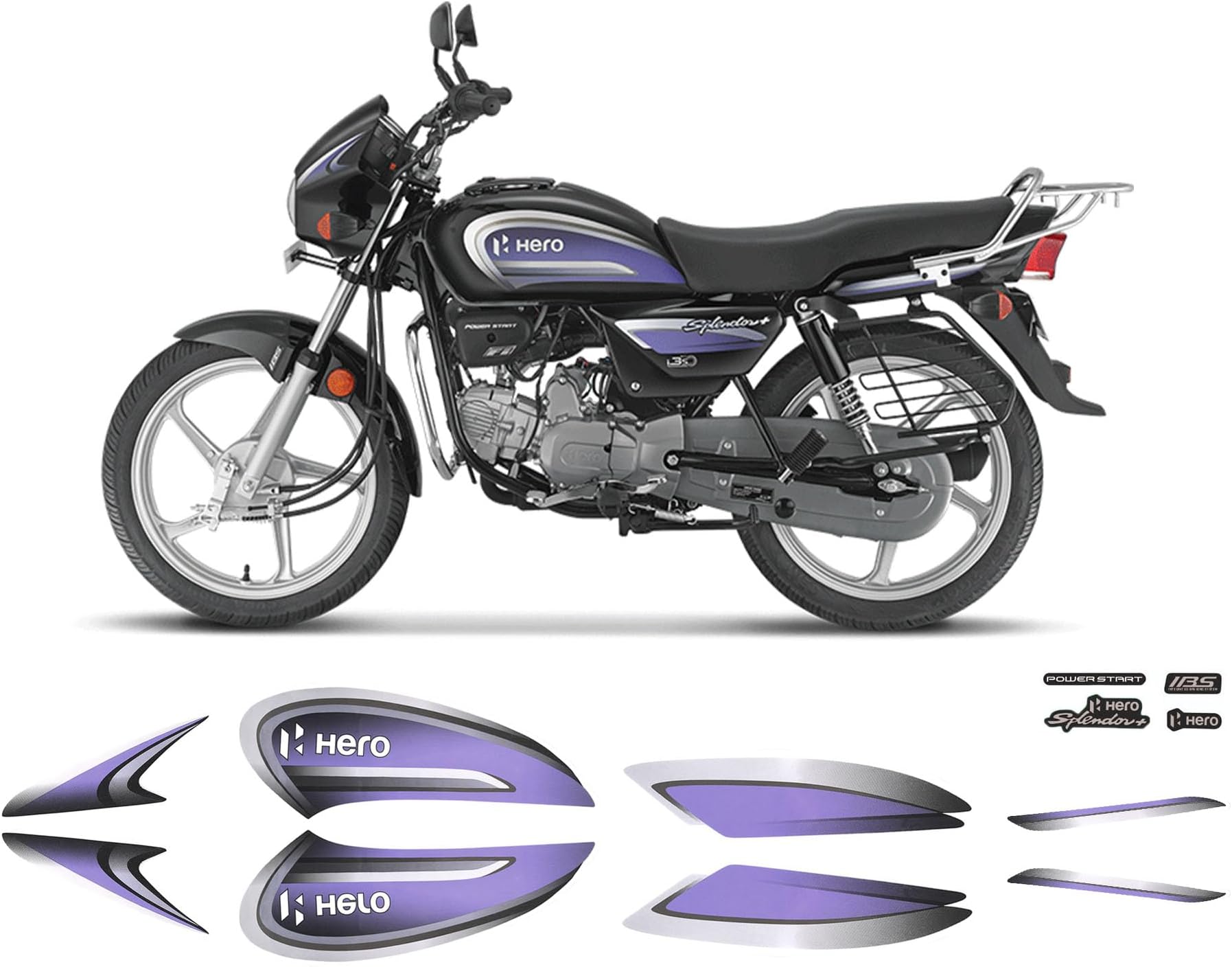 Splendor+ i3 Stickers & Decals Kit - Full Body Graphics | Vinyl Wrap | Complete Bike Sticker | Waterproof and Self-Adhesive | Purple on Black Bike | Pack of 12 Stickers