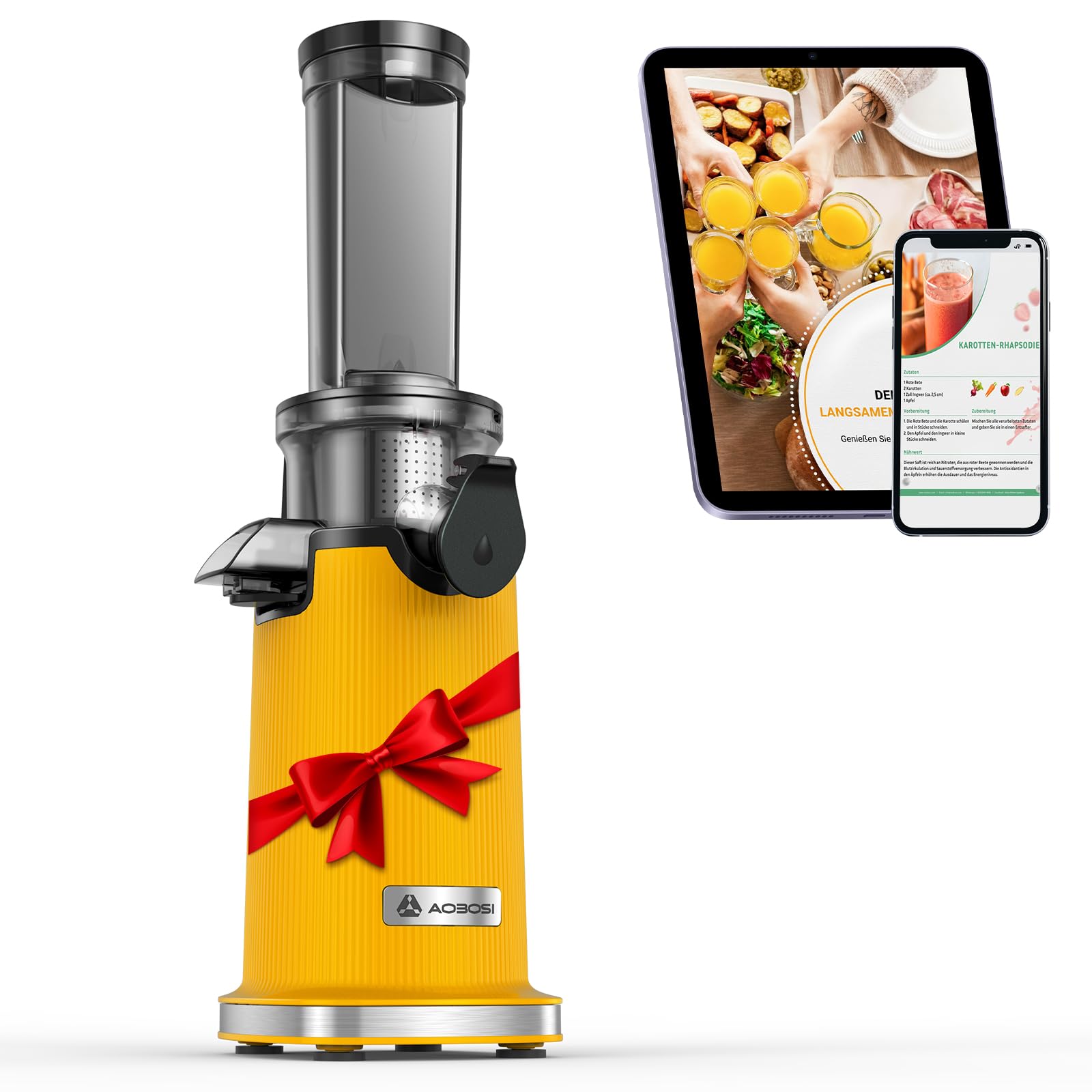 Estrattore frutta e verdura AOBOSI-Mini estrattore con funzione di masticazione inversa -estrattore di succo con spazzola e 2 tazze -150W estrattore a freddo - Spremiagrumi elettrico-Giallo.