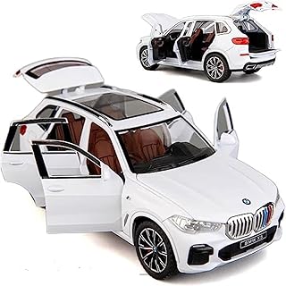 Metal Car Model 1:32 Wheels BMW X5 Size Pull Back with Light and Sound and 4 Doors Openable Bag and Cabot (White)