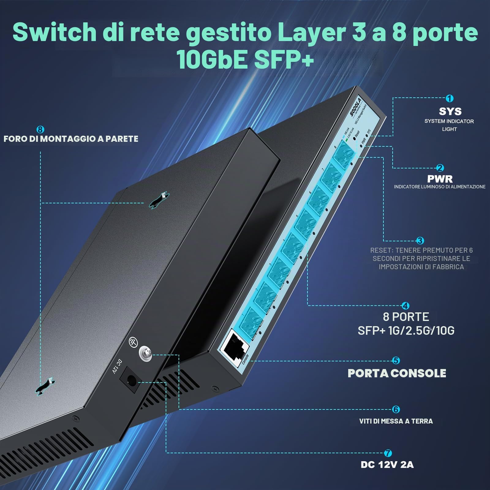 SODOLA Switch a 8 porte da 10 Gbit, gestito L3, porte SFP+ 8 x 10G | Link Aggregation/QoS/VLAN/IGMP, switch di rete senza ventole da 10 Gb Multi-Gig Layer 3 Management