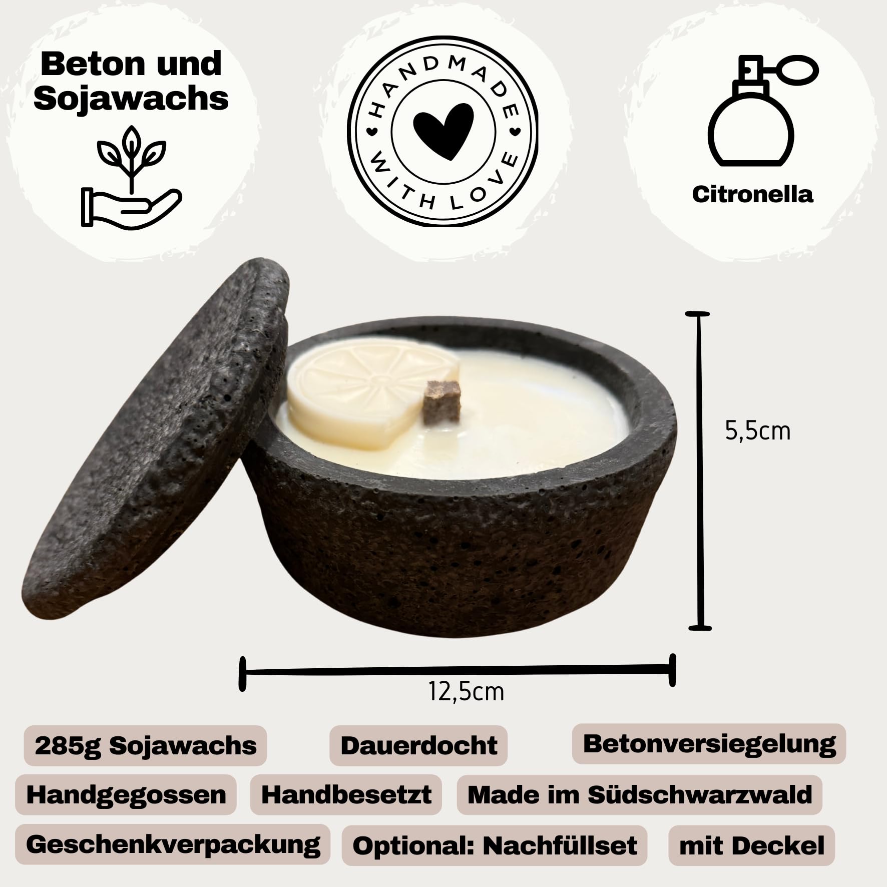 Wachsfresser aus Beton mit Deckel (Ø 12,5cm) | Outdoor Schmelzlicht mit Dauerdocht | Gartenfeuer & Wachs-Recycling (Schwarz, Inkl. 1x 120g Refill)