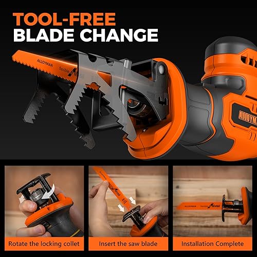 Miniatura 7 de Sierra de vaivén Alloyman, sierra sin cable de 20 V con batería de 2 x 2.0 Ah y cargador, velocidad variable 0-3500 SPM, cambio de cuchilla sin