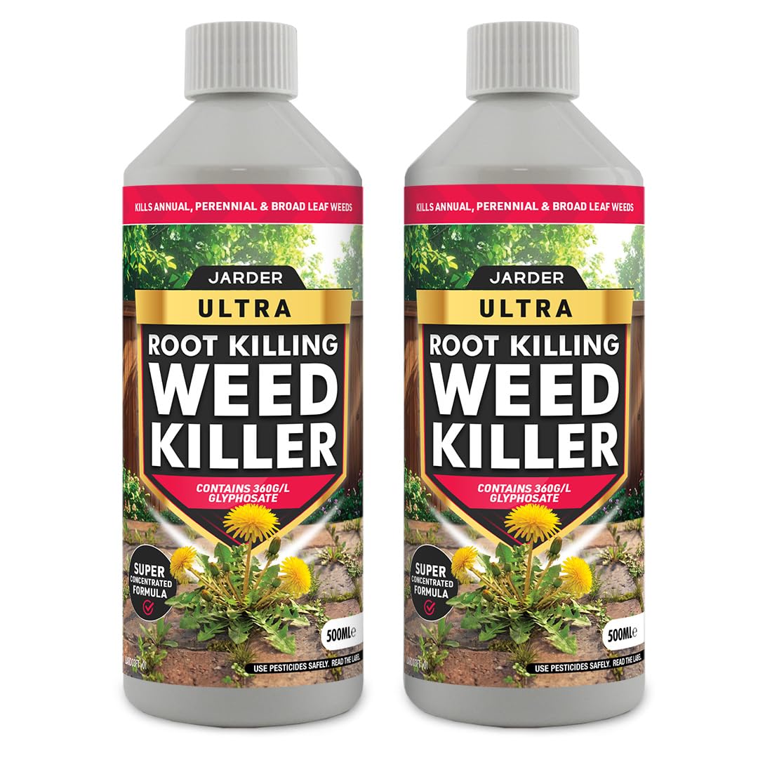 Jarder Ultra Root Killing Glyphosate Weed Killer 1L - 2 x 500ml - 360g/l Glyphosate Total Weed Killer - Destroys Weeds at the Root - Ultra Powerful Formula - Covers 1600m2