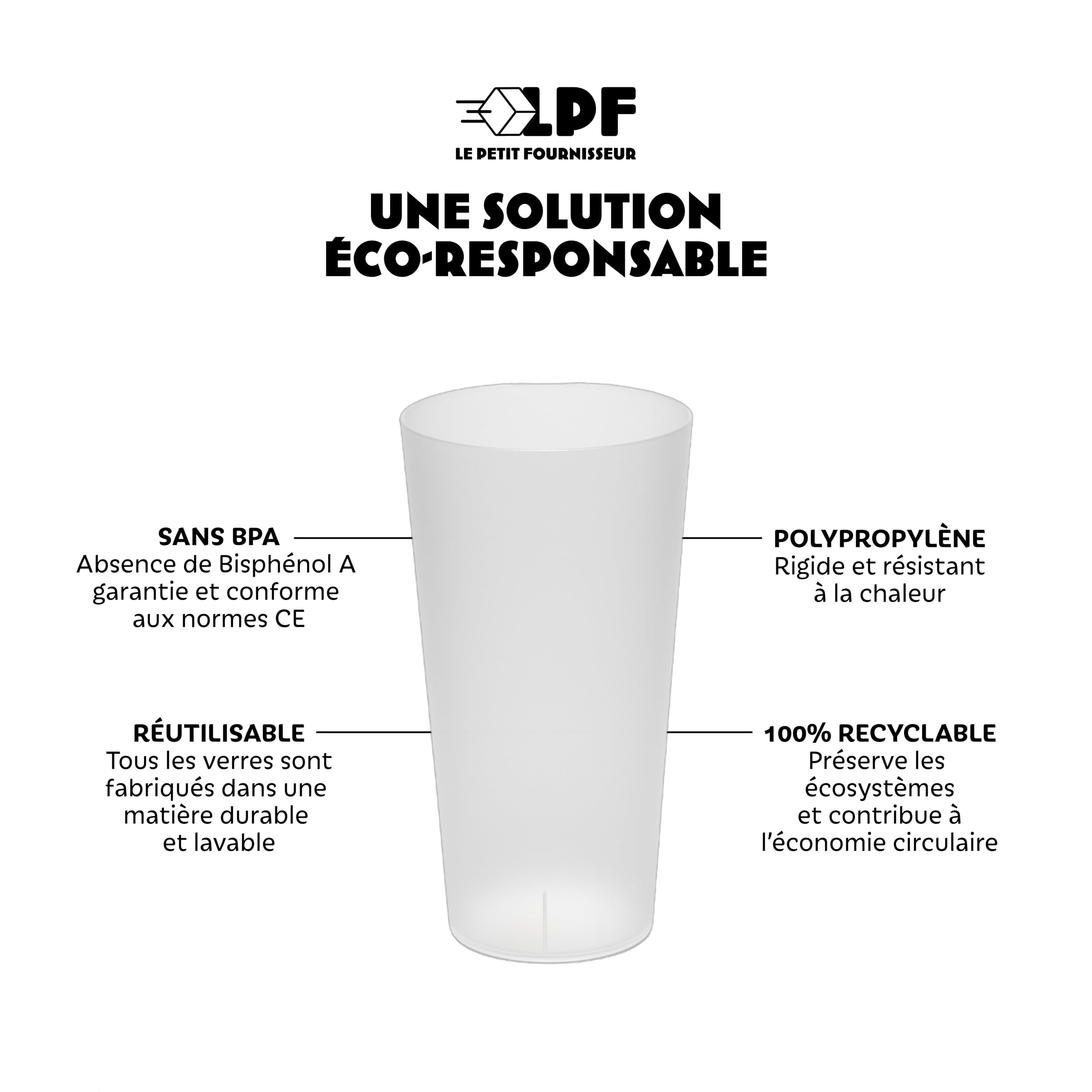 LPF LE PETIT FOURNISSEUR - Lot de 100 Gobelets réutilisables 33cl (40cl à ras-bord) - Polypropylène Incassable - Gobelets plastique alimentaire rigide à eau - Compatible lave-vaisselle - Couleur Givré