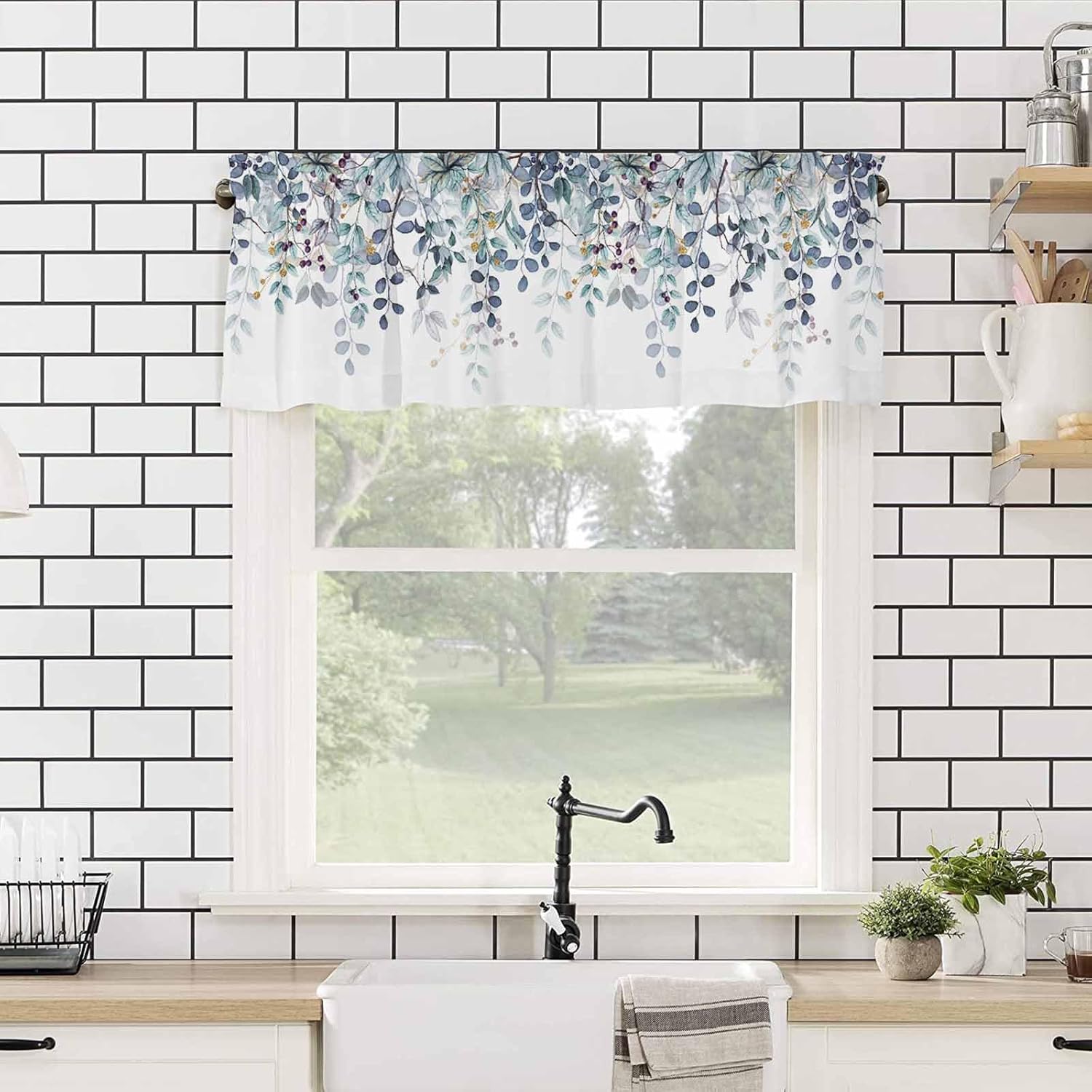 Dark Blue Eucalyptus Swag Curtain Valance for Windows,Watercolor Leaves Window Treatments Short Swag Topper for Kitchen Windows Bathroom Bedroom,28 x 36 Inch