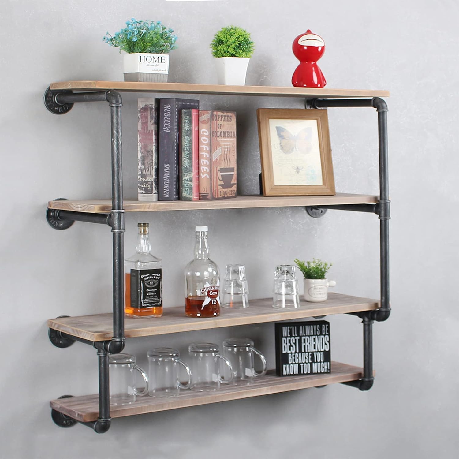 Big Sale Eitlos Industrial Pipe Shelving Wall Mounted,Rustic Metal Floating Shelves Book Shelves,Wall Shelf Unit Bookshelf Hanging Wall Shelves,Farmhouse Kitchen Bar Shelving(4 Tier, 36in)