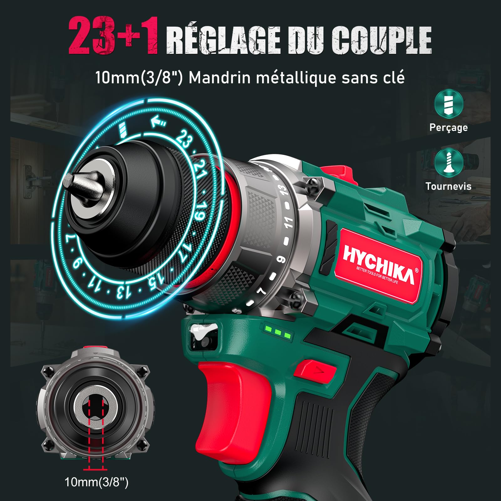 HYCHIKA Perceuse Visseuse sans Fil, 45Nm Max, 23+1 Niveaux de Couple, 2 Vitesses, 1500mAh, 53 Accessoires, pour Travaux de Bricolage Maison et Jardin
