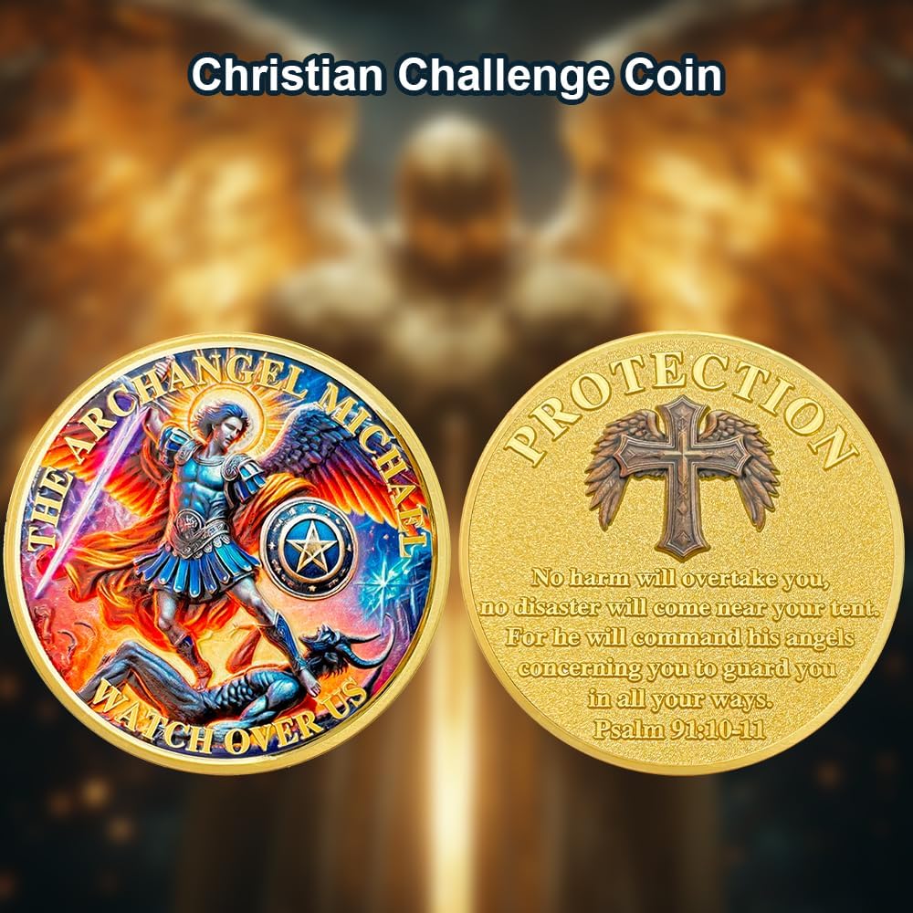 Archangel Michael Christian Challenge Coin Psalm 91:10-11 Verse Token Religiou Faith Coins Inspirational Christian Gift for Men Women
