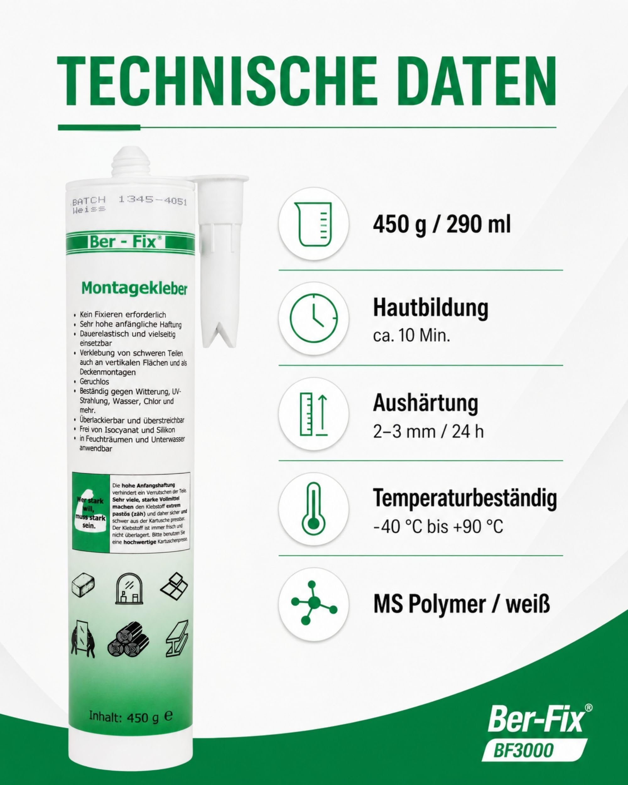 Ber-Fix Montagekleber nur Kleber extra stark weiß 3er Pack | Montagekleber nur Kleber weiß 3er Pack: Montagekleber für Kleben statt Bohren: geeignet für Leisten, Platten