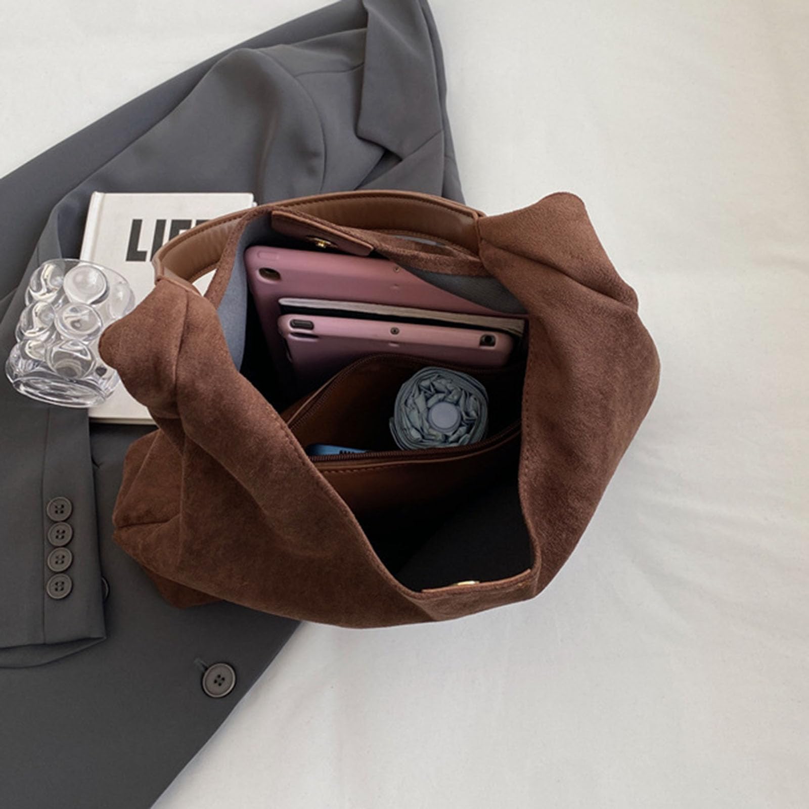 Braune Wildledertasche, Hobo-Tasche aus Leder für Damen, lässige Wildledertasche, Hobo-Handtasche, Tragetasche für Damen