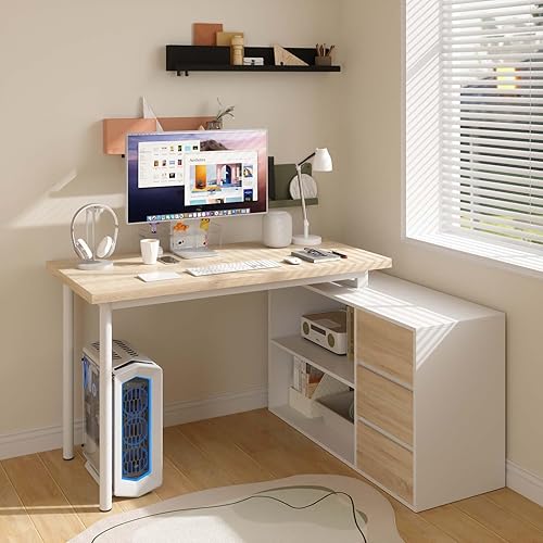 Miniatura 3 de Escritorio para computadora en forma de L, escritorio de oficina en casa de 47 pulgadas con cajones de archivos y estantes de almacenamiento,