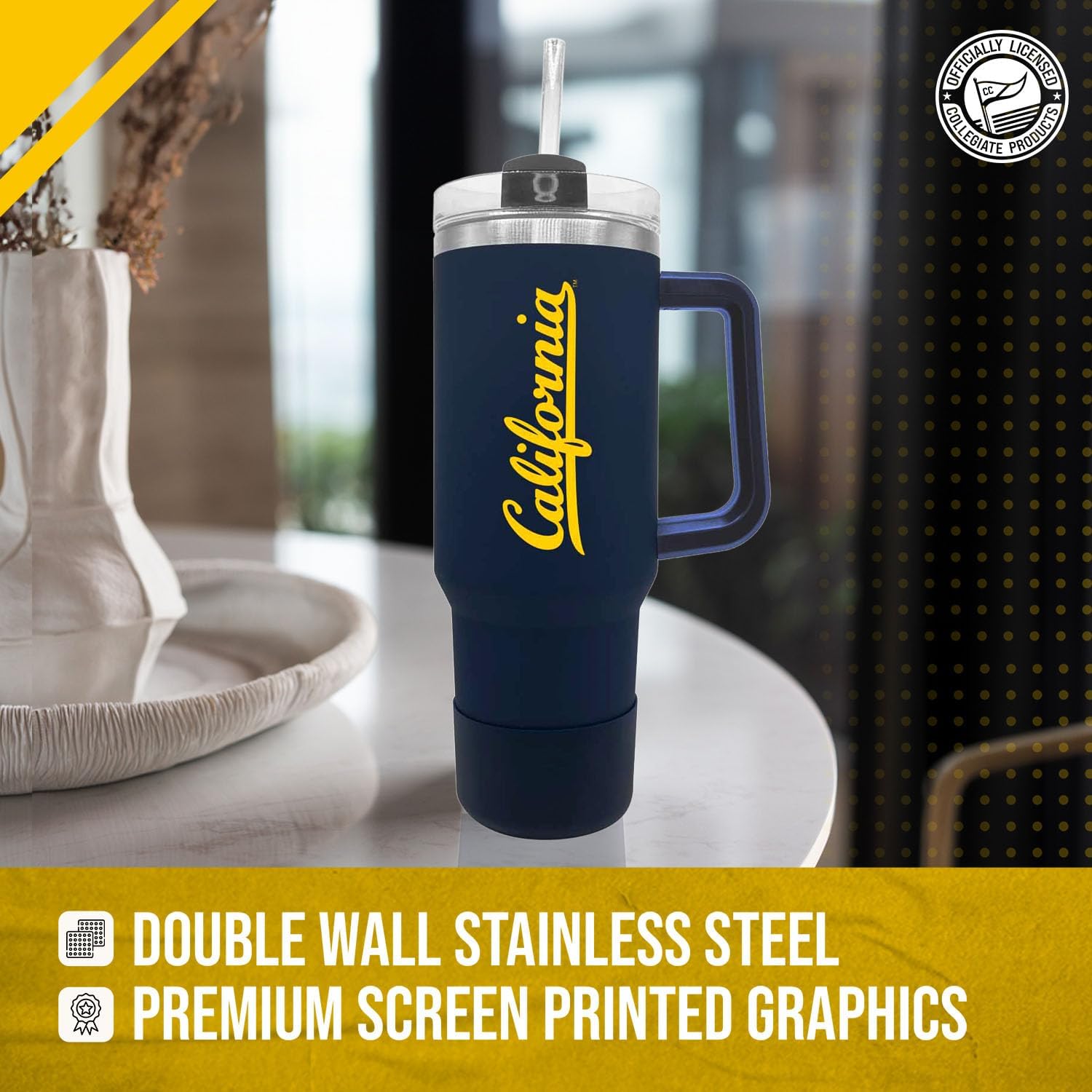 Campus Colors College & University 40 oz Travel Tumbler With Handle - Dual Option Lid With Straw - Vacuum Insulated Stainless Steel (Cal Golden Bears - Navy)