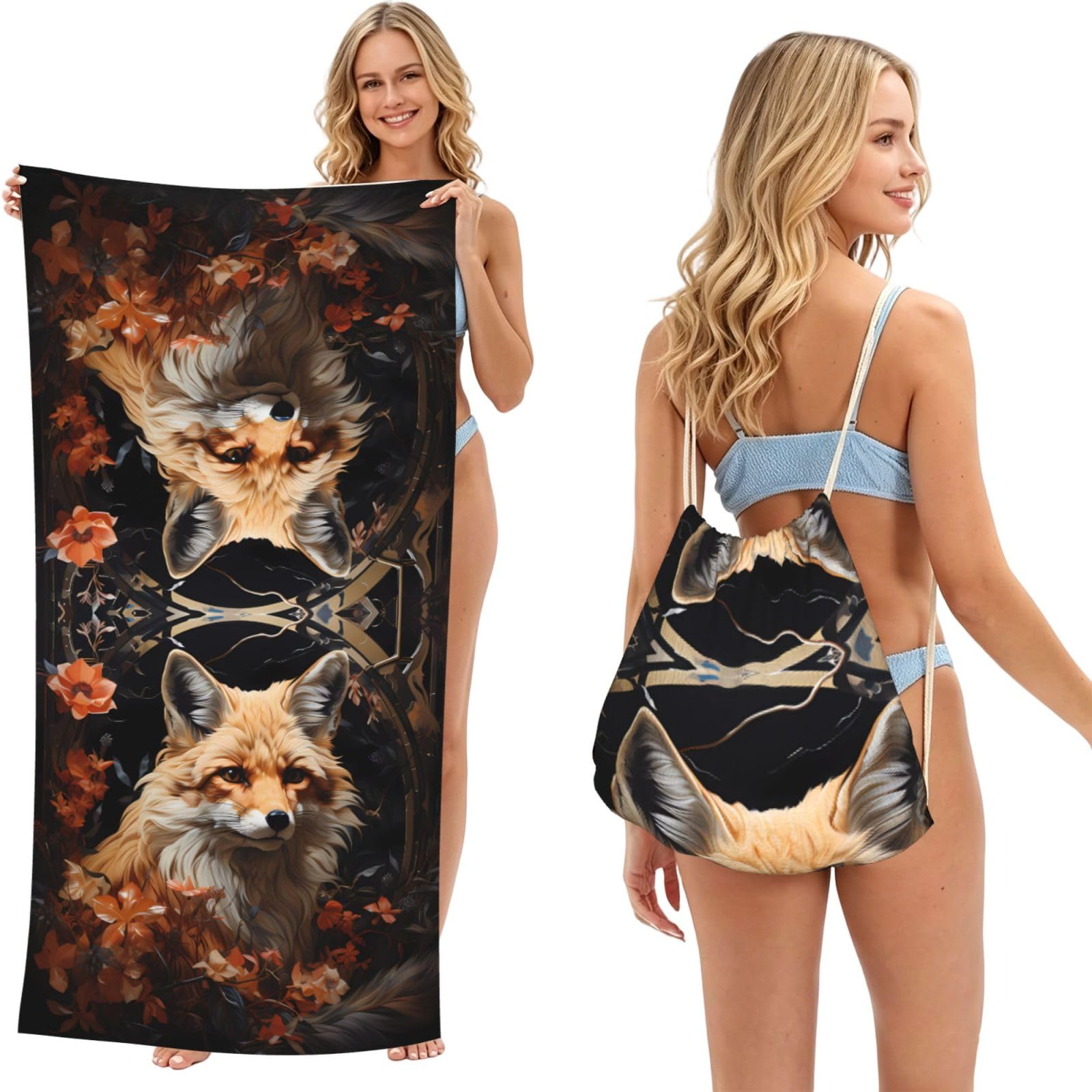 SXZVVBN Fox and Flowers 2-in-1 Beach Towel Bag, Quick Dry Sand Free Travel Towel Backpack for Adults