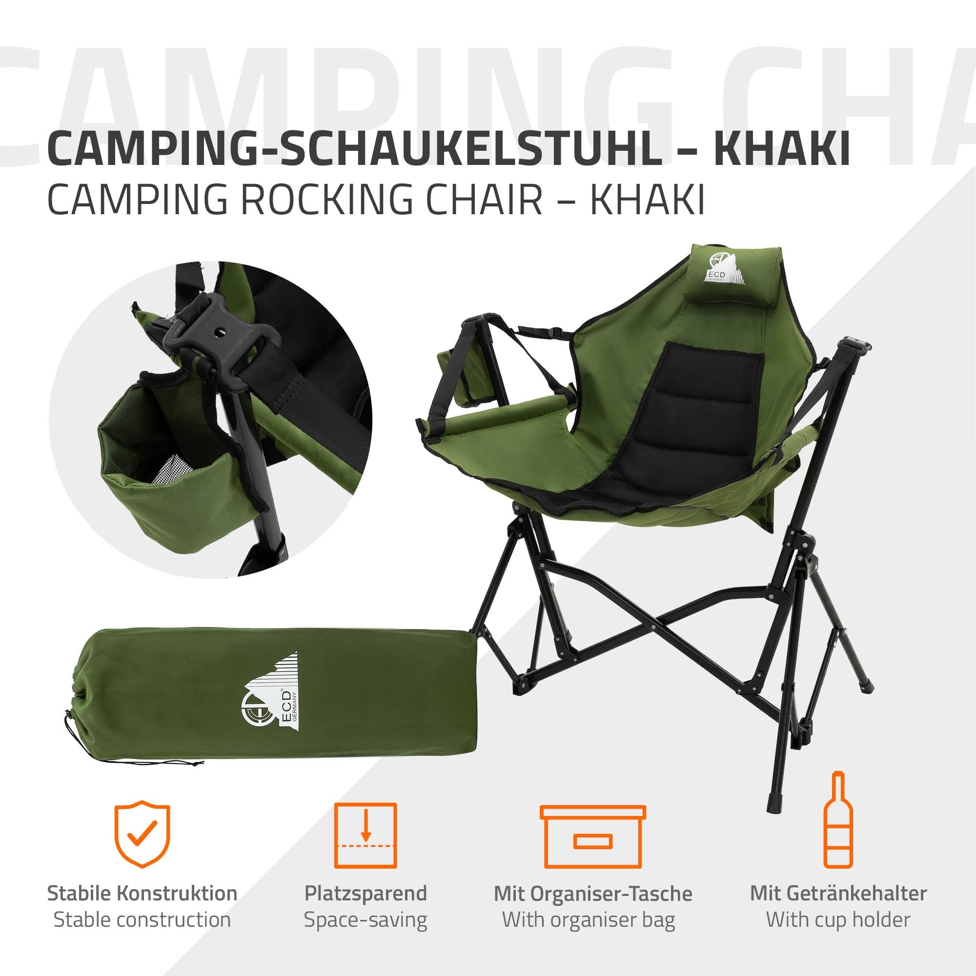 ECD Germany Skladane Krzeslo Campingowe Khaki Krzeslo Wedkarskie Bujany z Metalowa Konstrukcja Regulowane Wysokie Oparcie z Zaglówkiem Uchwyt na Napój Torba Fotel Outdoor na Camping Wedkowanie Ogród