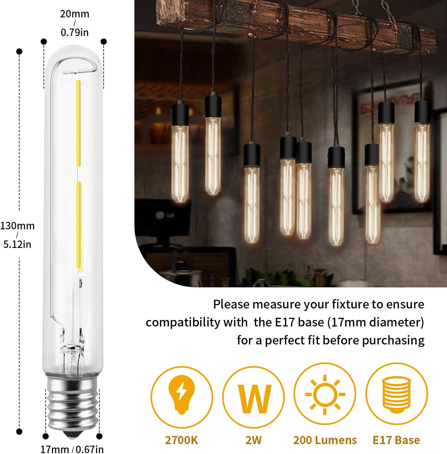 E17 LED T6.5 Bulb,2W Refrigerator Light Bulb Replacement 120V,Tubular Exit Sign Bulb, E17 Intermediate Base Appliance Bulbs for Freezer,Oven,Warm White 2700K,Equivalent 20 W,Non-Dimmable