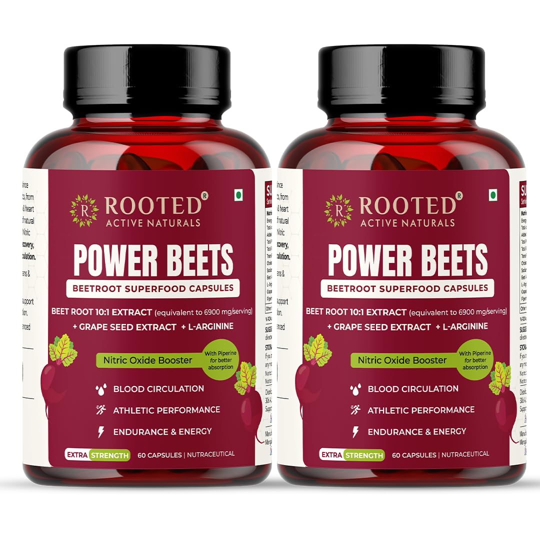 Rooted Active's PowerBeets Beet Root Capsules, Helps Support Nitric Oxide Production, Blood Pressure, Heart Health, Contains Non-GMO Beetroot Powder, Grape Seed Extract (Pack of 2, 120)