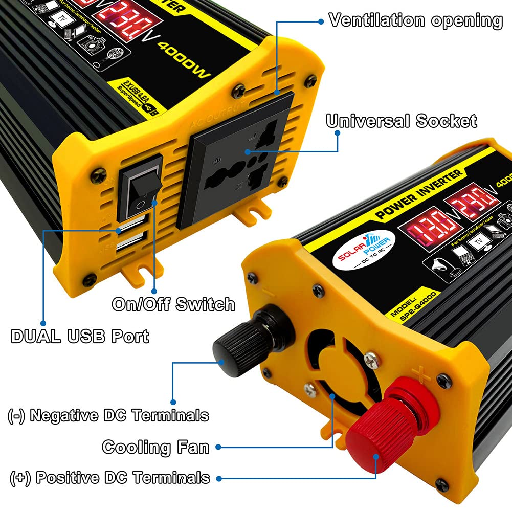4000 W Picchi di potenza DC 12 V a AC 110 V 220 V Car Power Inverter Convertitore solare (12 V-220 V, nero)