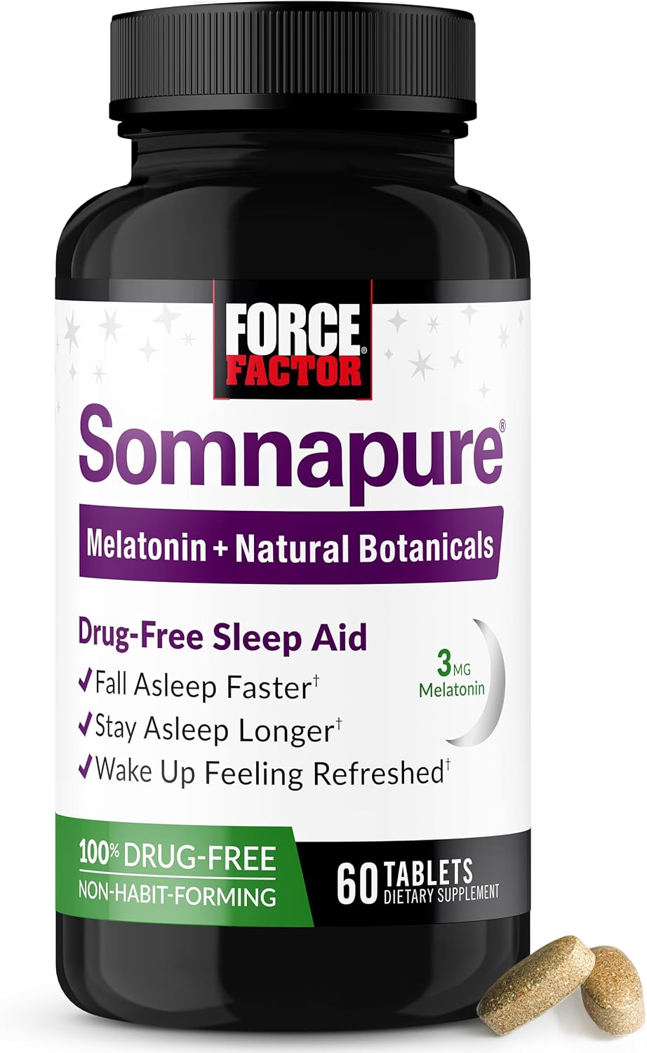 Force Factor Somnapure Drug-Free Sleep Aid for Adults for Occasional Sleeplessness with Melatonin & Valerian, Non-Habit-Forming Sleeping Pills, Fall Asleep Faster, Wake Up Refreshed, 60 Tablets