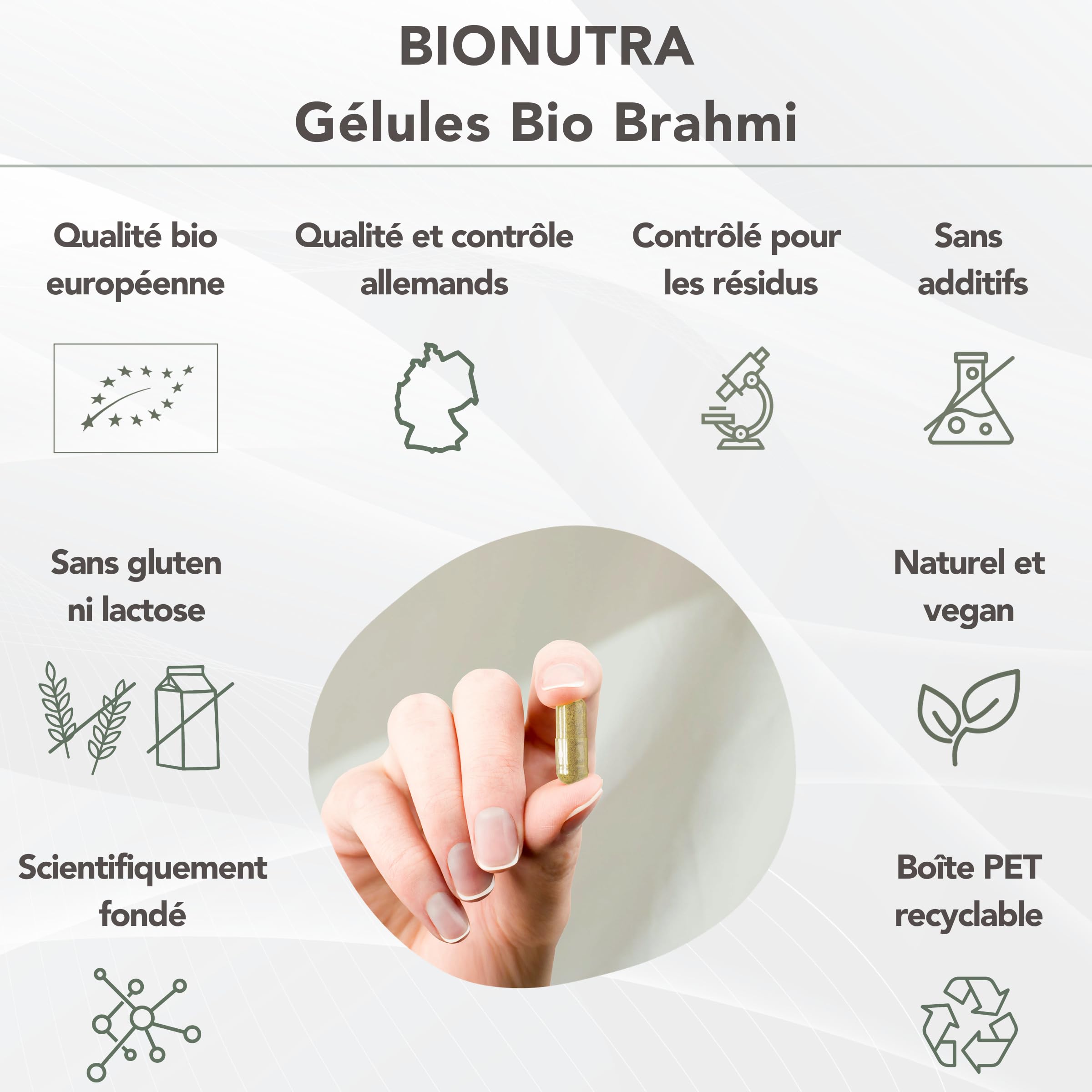 BIONUTRA® Gélules de Brahmi bio hautement dosées, 1200 mg/jour, contrôlées résidus, fabrication allemande, véganes, sans lactose, gluten ni additifs, Bacopa monnieri bio, 270 pièces x 600 mg