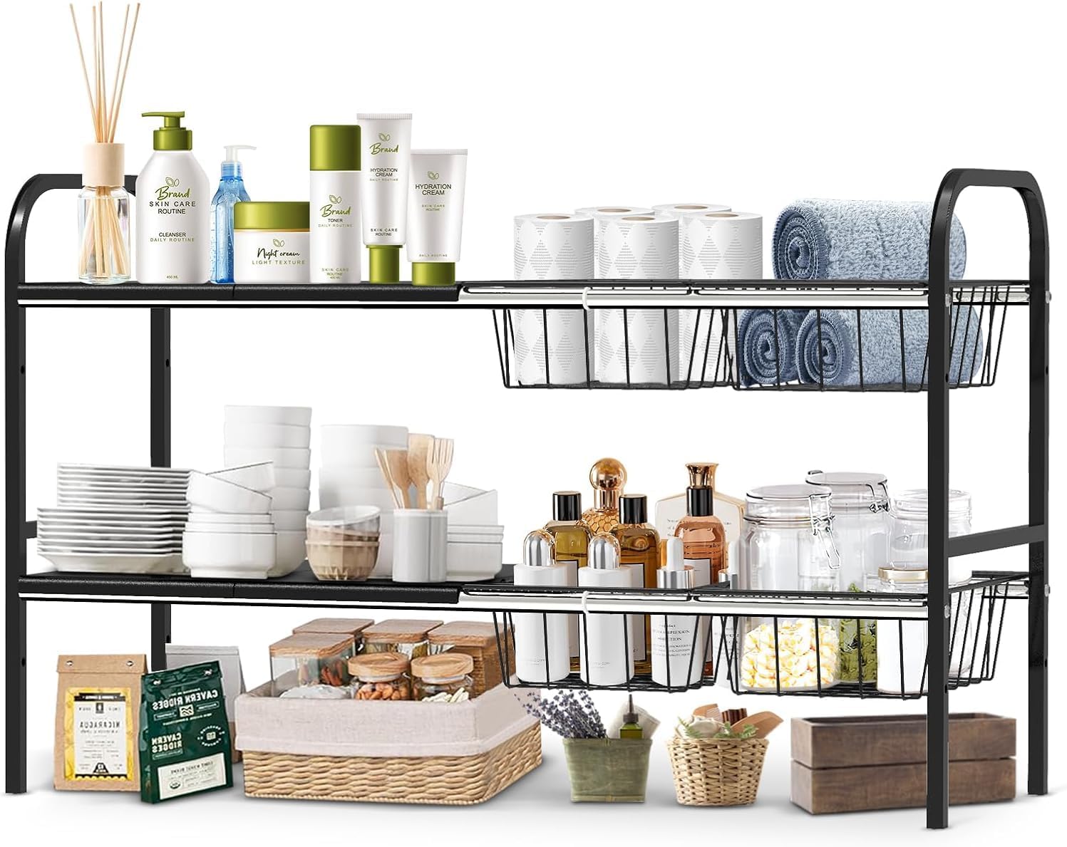 Expandable 2 Tier Under Sink Organizer with 4 Baskets, 17.32"-30.31" Width