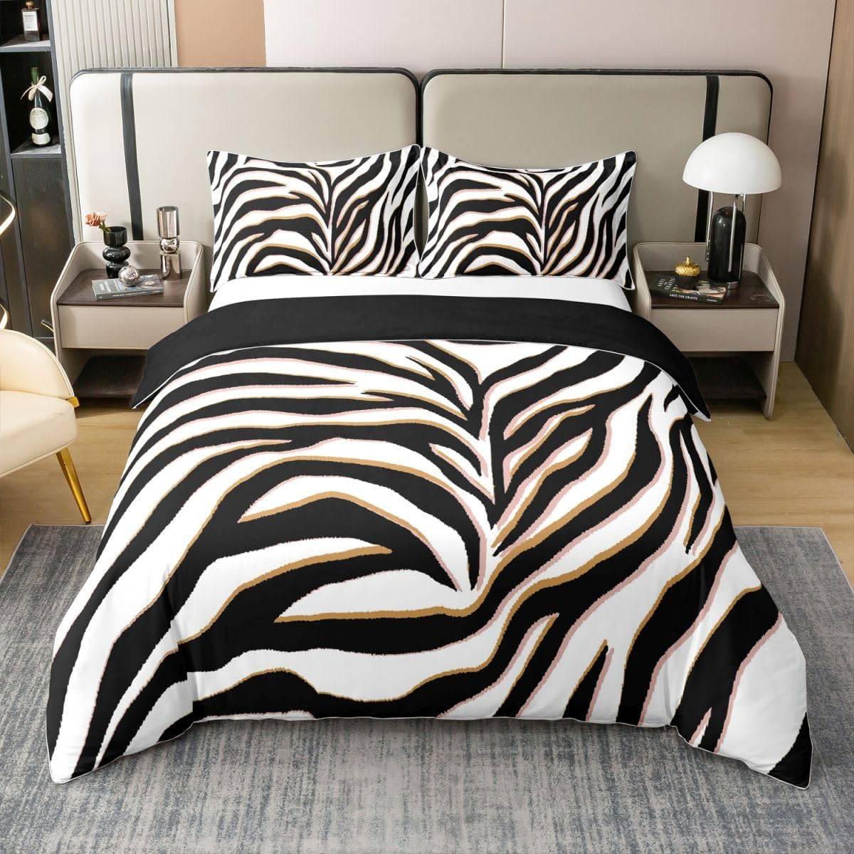 Erosebridal Zebra Print 100% Cotton Duvet Cover Twin Size Animal Prints Comforter Cover Teen Men Adult Minimalism Black White Gold Zebra Stripes Bedding Set Stylish Geometric Bed Set