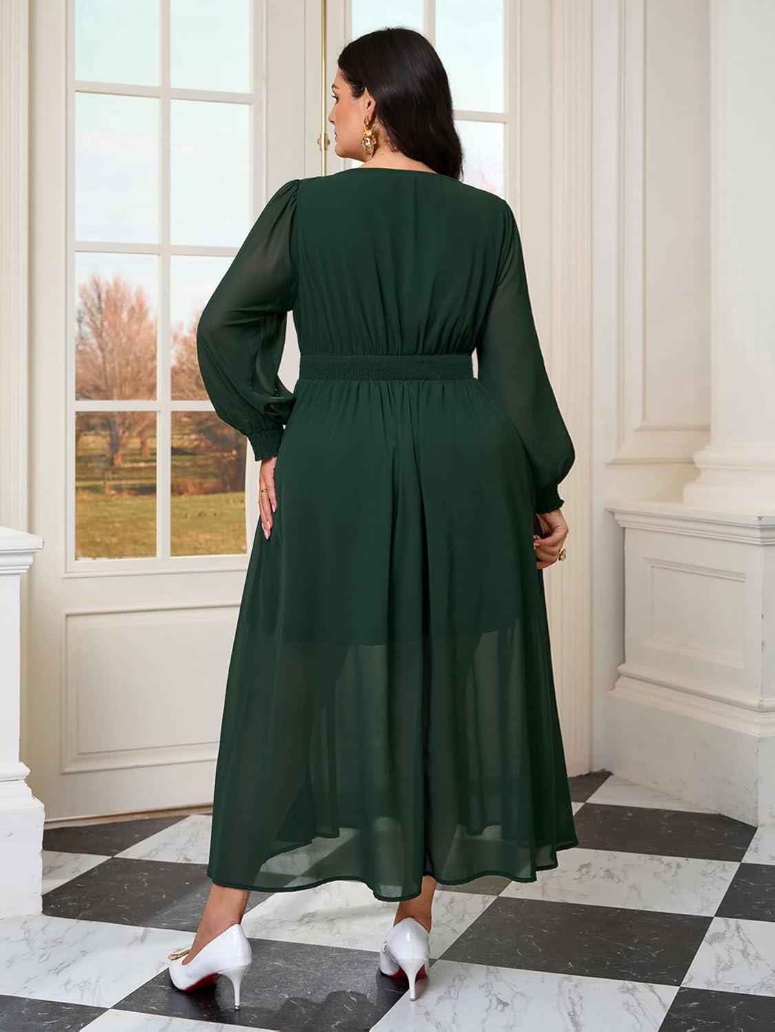 SCOMCHIC Womens Plus Size Formal Dresses Chiffon Wedding Guest Long Sleeve V Neck Smocked Flowy Slit Maxi Dress - Image 6