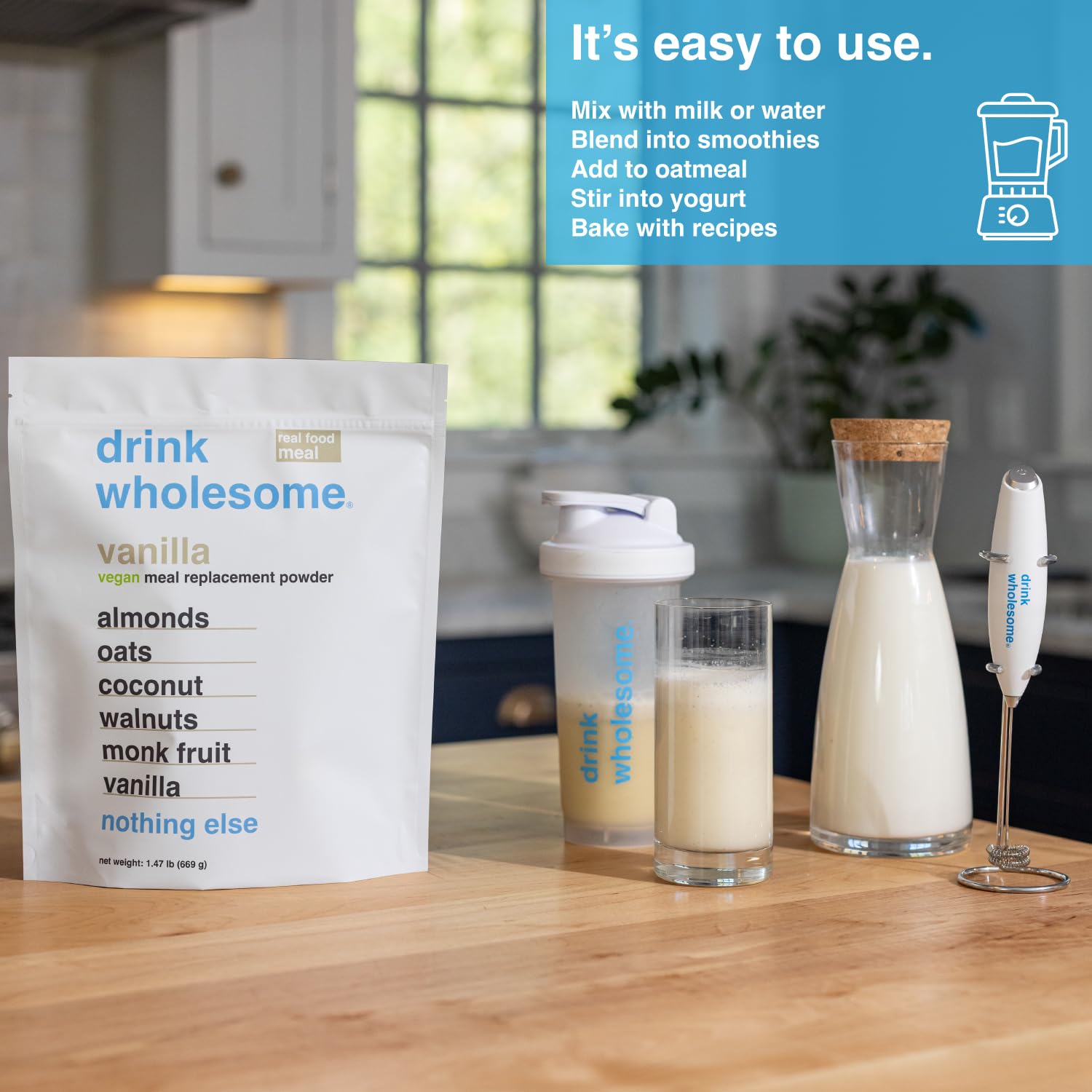 Drink Wholesome Vegan Vanilla Meal Replacement Powder for Sensitive Stomachs | Minimally-Processed, Whole-Food Meal | Additive-Free, Dairy-Free, Gluten-Free | Low Sodium