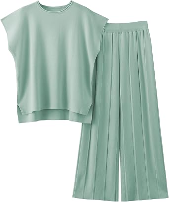 Women Knit 2 Piece Sweater Sets Pullover Tops High Waist Wide Leg Pants Lounge Set