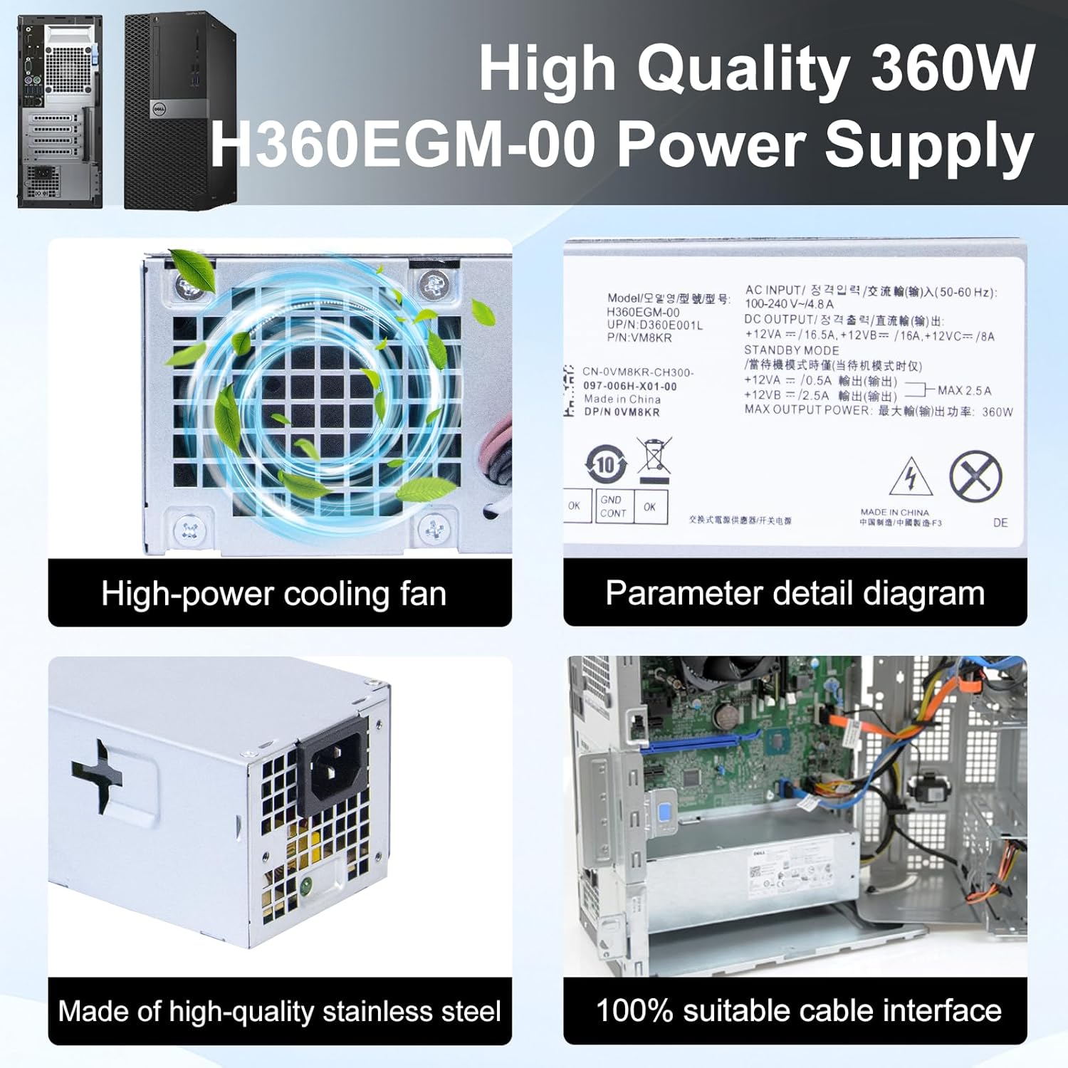 LXun Upgraded H360EGM-00 VM8KR 360W Power Supply Compatible with Dell Optiplex 3050 7050 7060 3050MT 7050MT 7060MT Vostro 3668 3669 SFF 0VM8KR D360E001L L360EGM-00 8HKG7 (8Pin+6Pin+4Pin Connector)