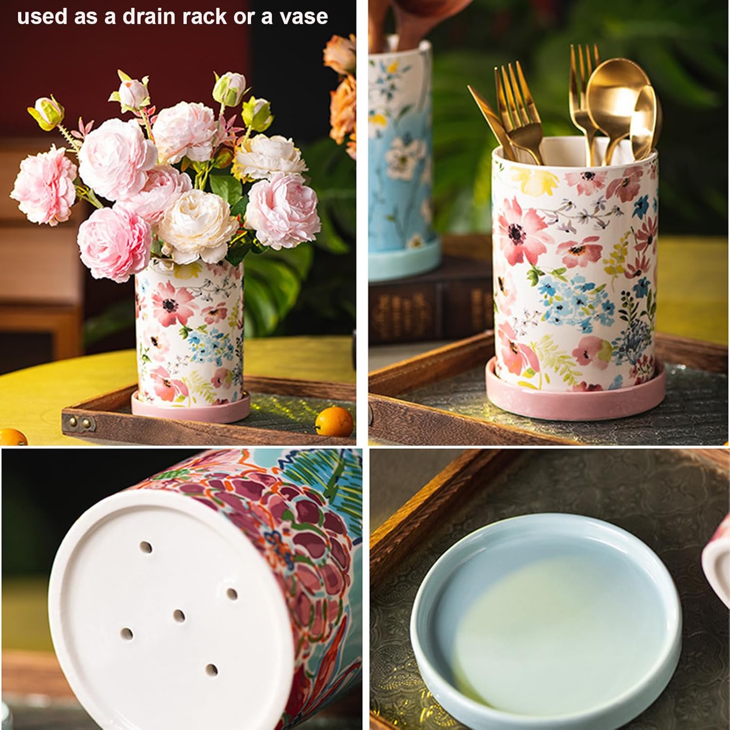 Dxcaicc Kitchen Utensil Holder, Ceramic Utensil Holder for Kitchen Counter, Flowers Series Multiple Drain Holes Chopstick Holder with Drain Tray, 4X7 Inch,C