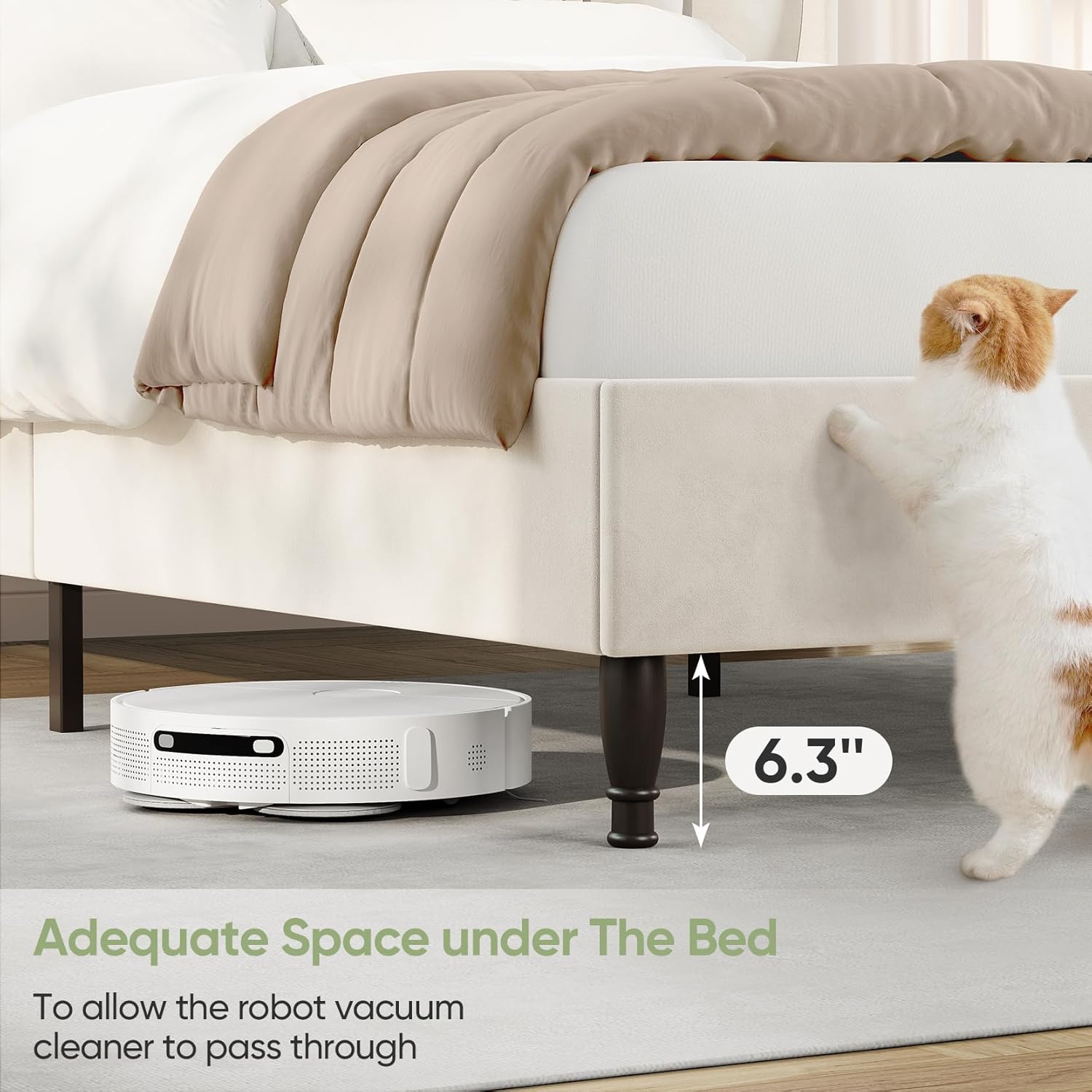 Queen Size Bed Frame with Tall Headboard, 52" Upholstered Platform Bed with Charging Station, Luxury Velvet Bedframe, Curved Wingback Headboard, No Box Spring Needed, Easy Assembly, Sturdy, Beige